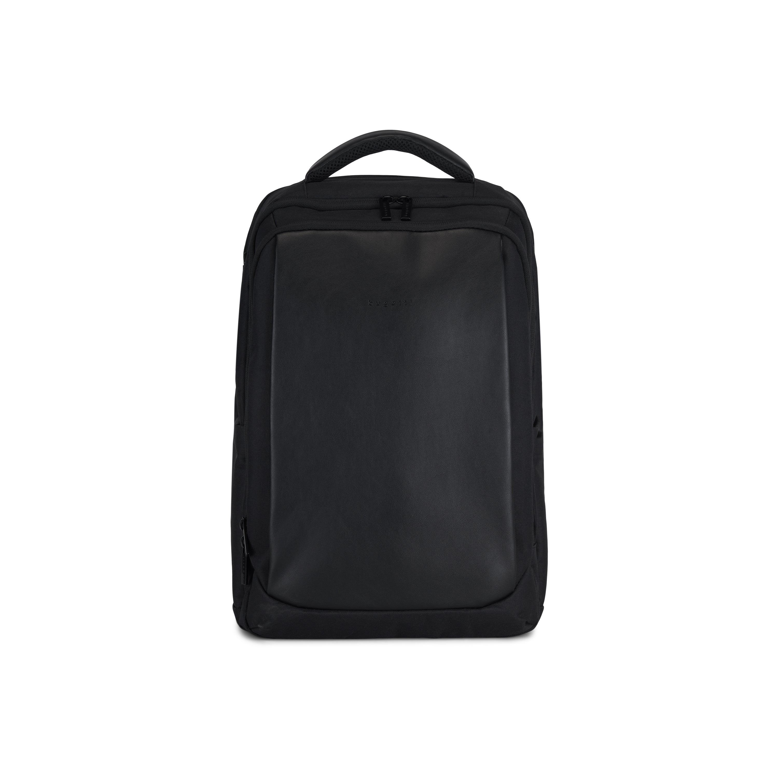 Black Bugatti Travel Adrian backpack with front zipper pocket and adjustable straps, casual and functional for everyday use.