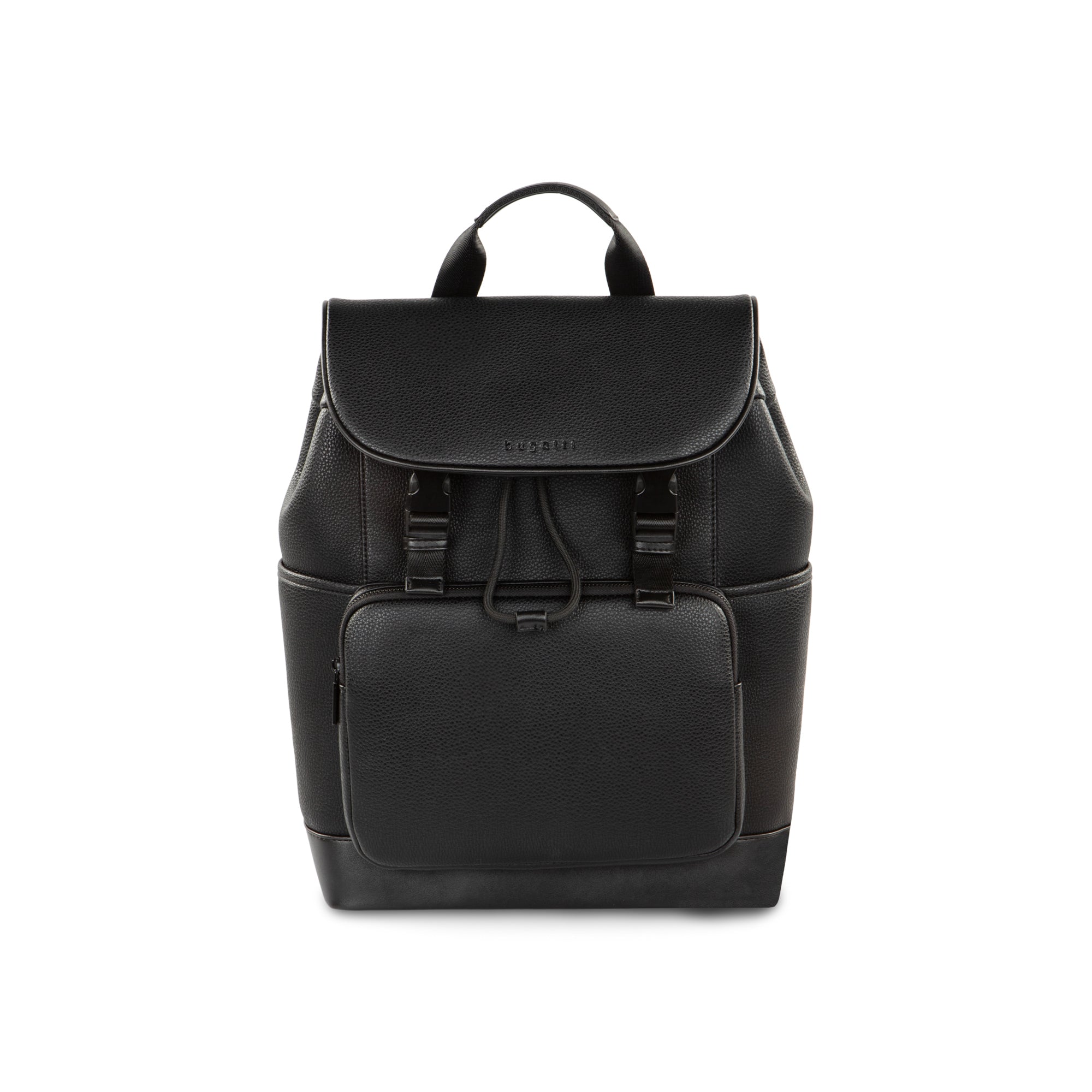 Black Bugatti Travel Central Backpack with front zipper pocket and padded shoulder straps, shown from the front.