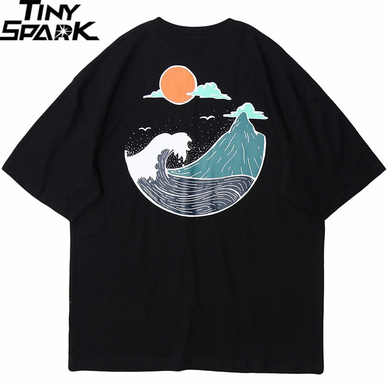 Vimost Shop Great Wave T-shirt featuring vibrant Japanese wave design, short sleeve streetwear tee, perfect for summer casual wear.