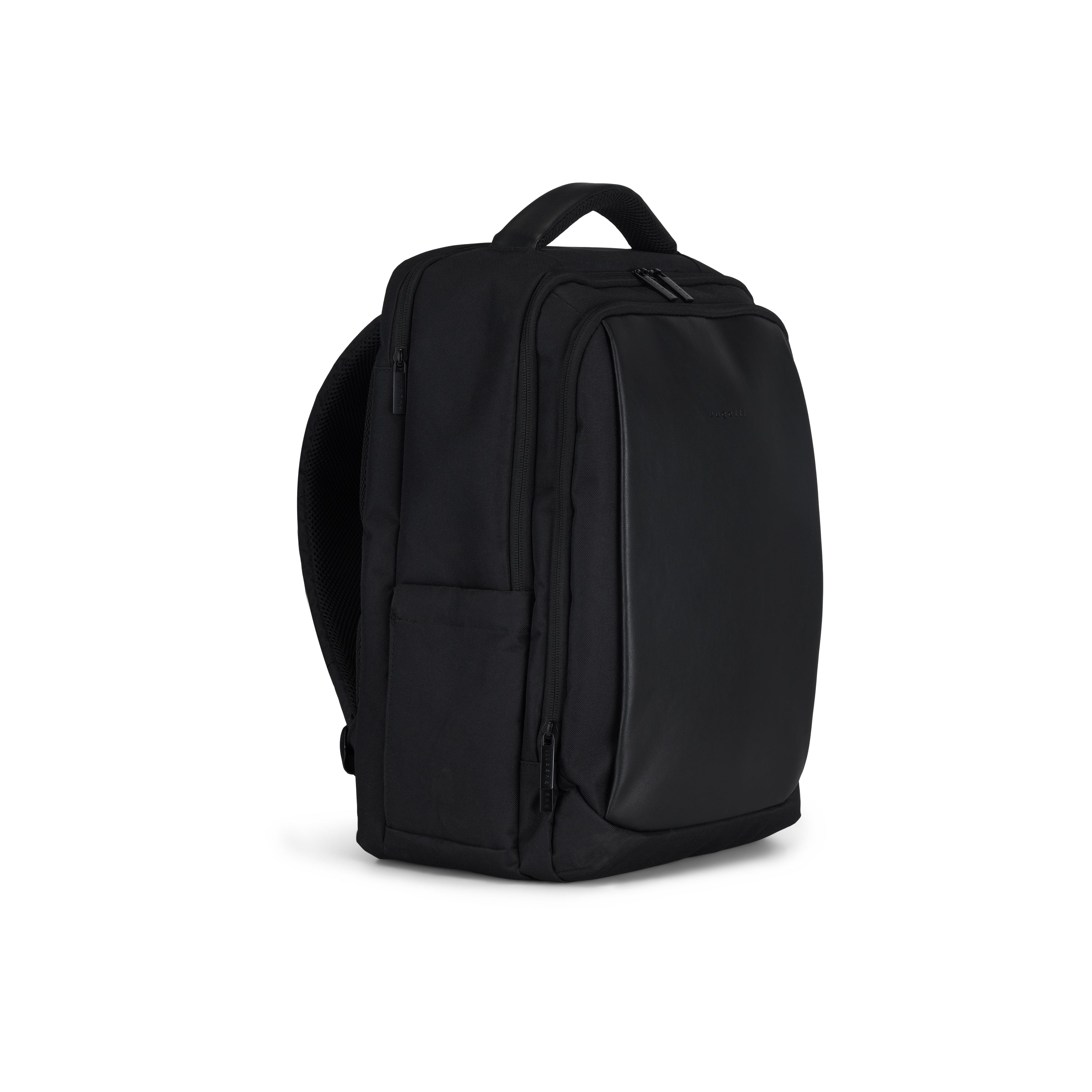 Black Bugatti Travel Adrian backpack with adjustable straps and multiple compartments, shown from a side angle.