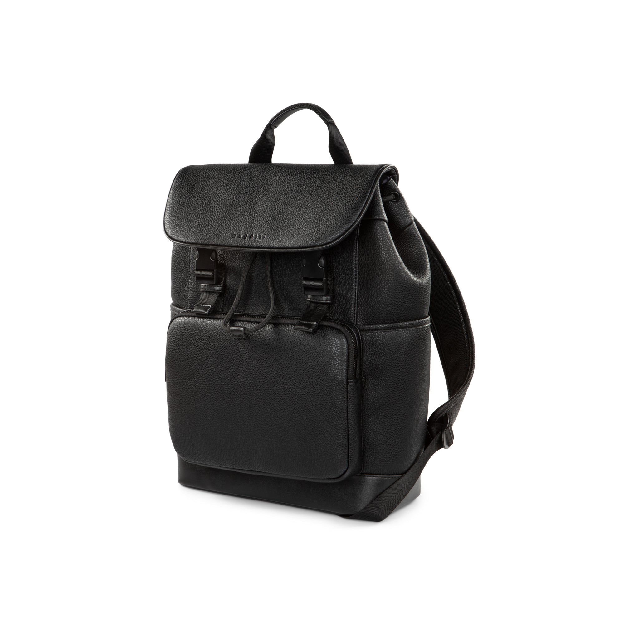 Black Bugatti Travel Central Backpack with padded shoulder straps and multiple compartments, viewed from an angled side.
