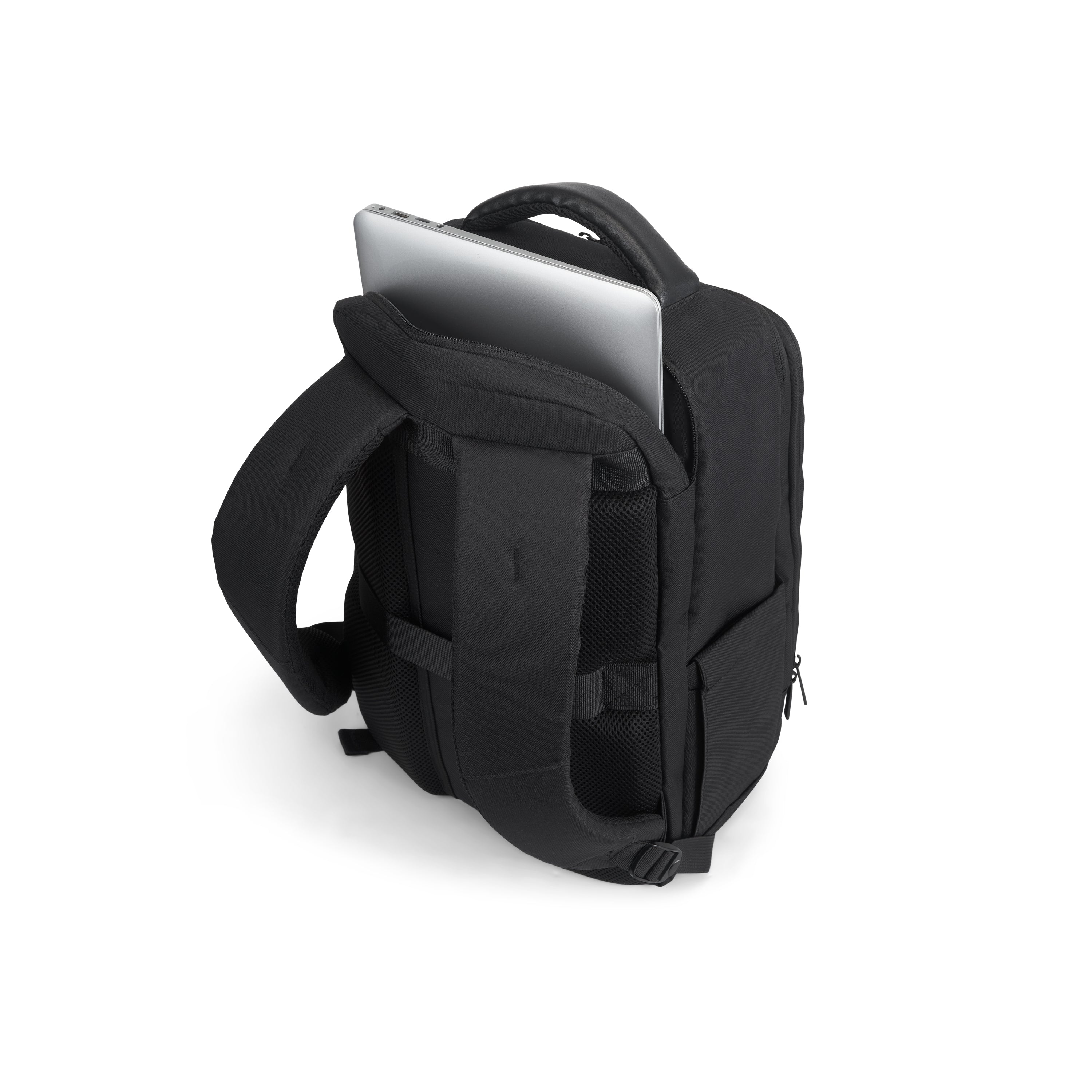 Black Bugatti Travel Adrian backpack with a spacious main compartment and a dedicated laptop section, showing sturdy straps and sleek design.