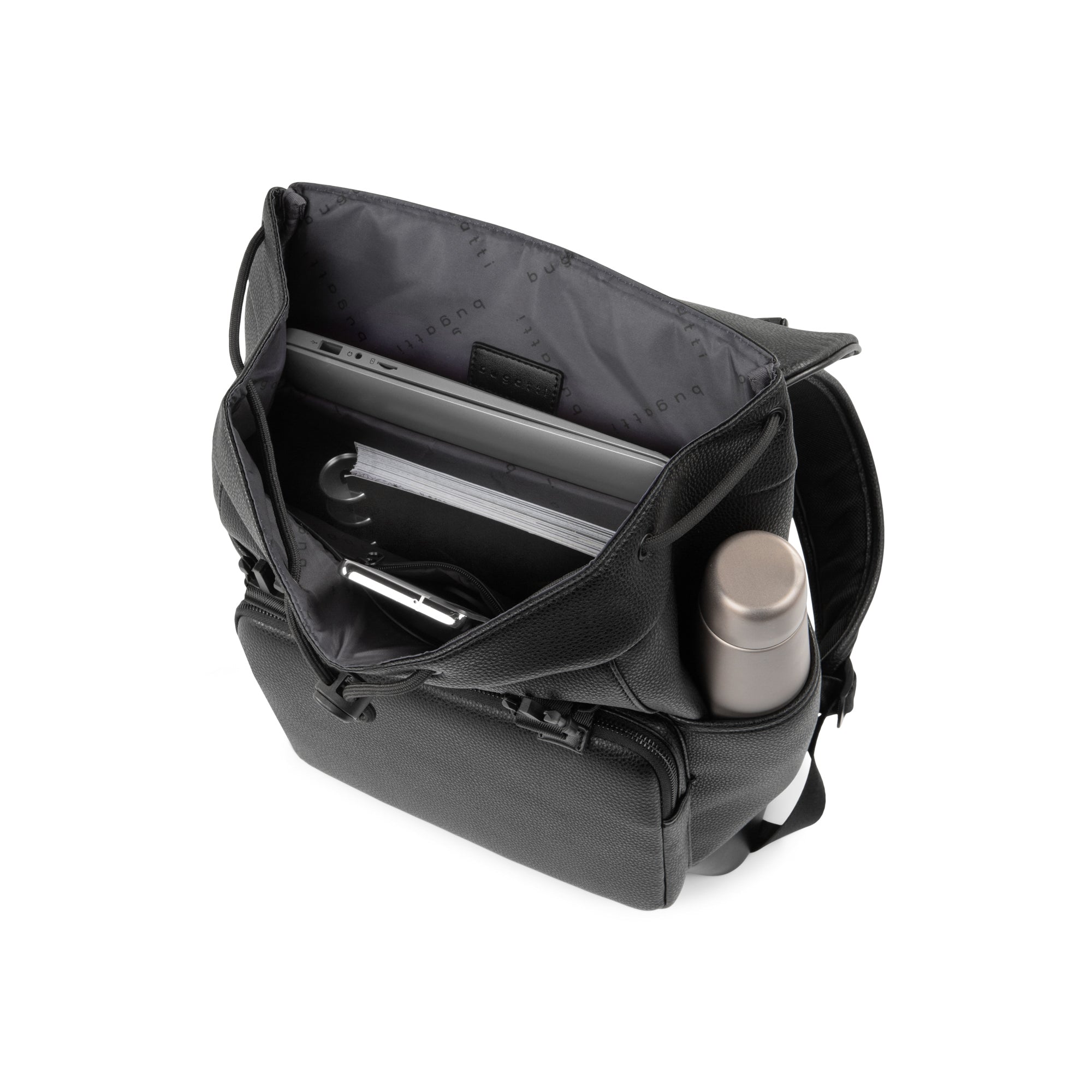 Black Bugatti Travel Central Backpack with interior compartments and accessories, showcasing its spacious design and durable material.