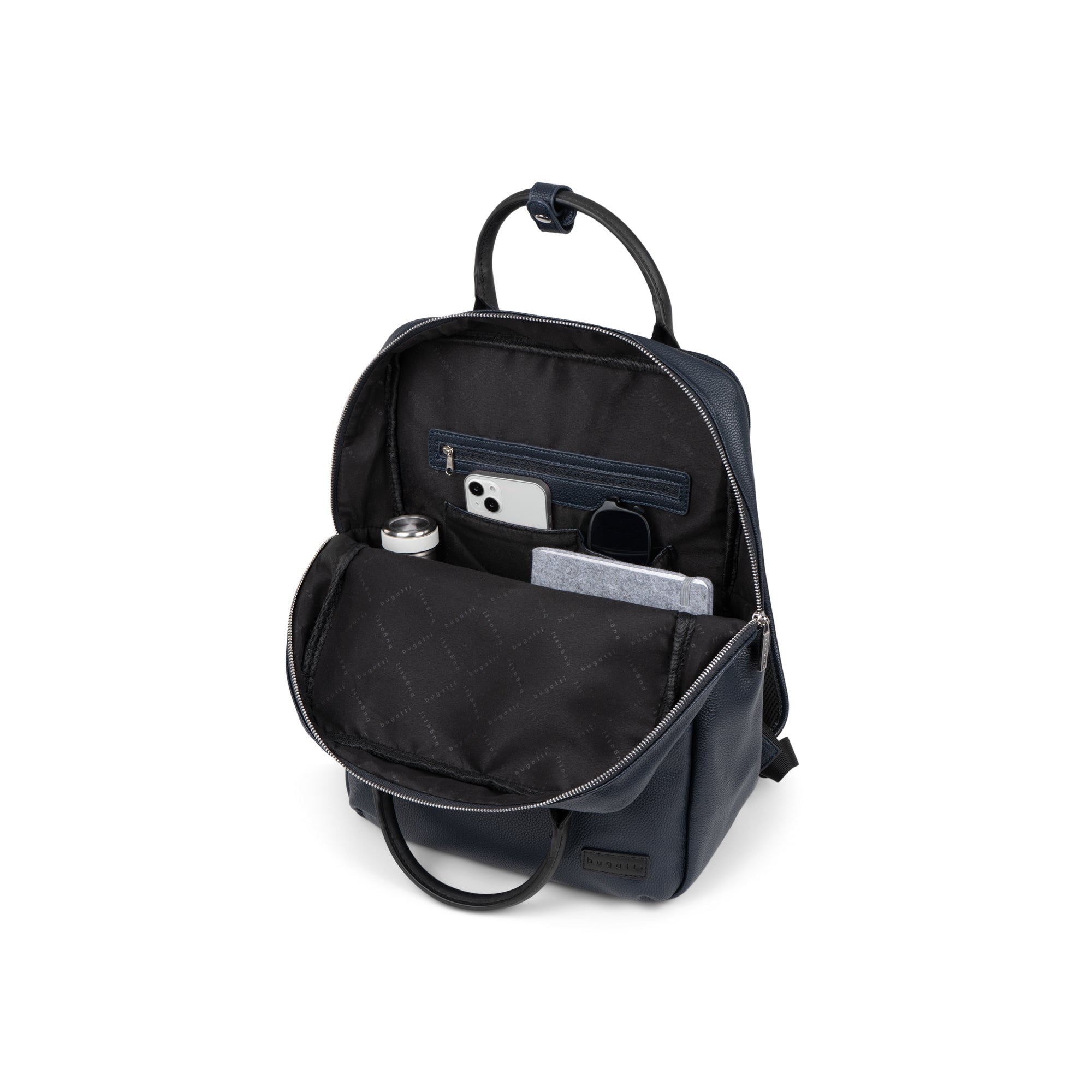 Bugatti Travel Contrast Backpack in navy, showing interior with accessories and multiple compartments for travel organization.