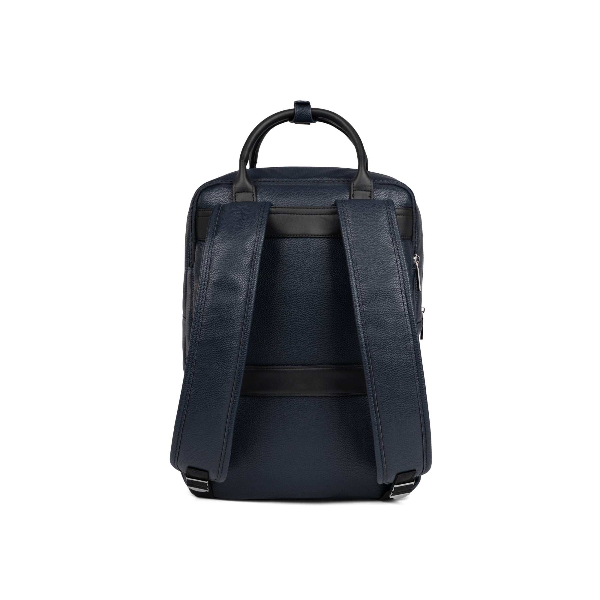Navy Bugatti Travel Contrast Backpack with adjustable shoulder straps and front zipper pocket, made of durable material.
