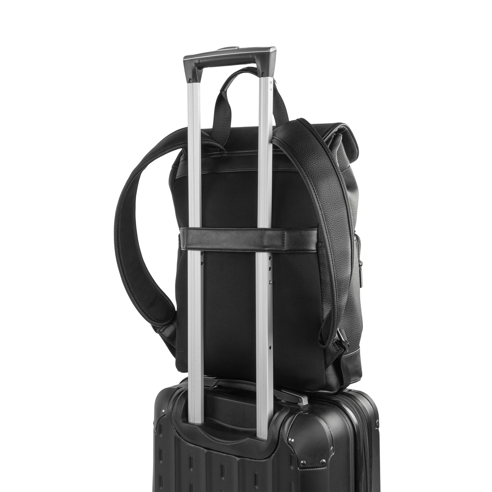 Black Bugatti Travel Central backpack with adjustable straps and spacious main compartment, designed for travel and daily use.