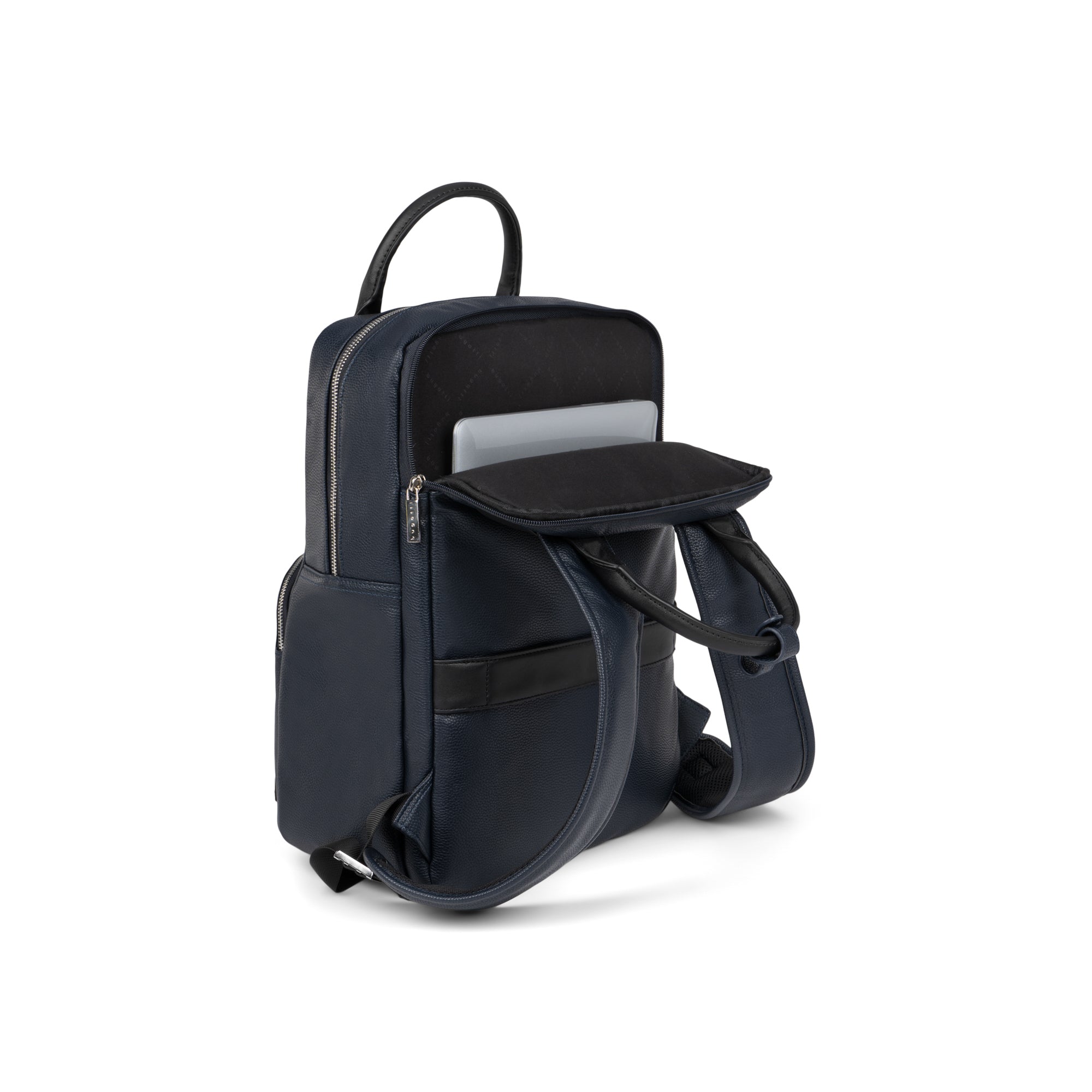 Navy Bugatti Travel Contrast Backpack with padded laptop compartment and adjustable straps for versatile everyday use.