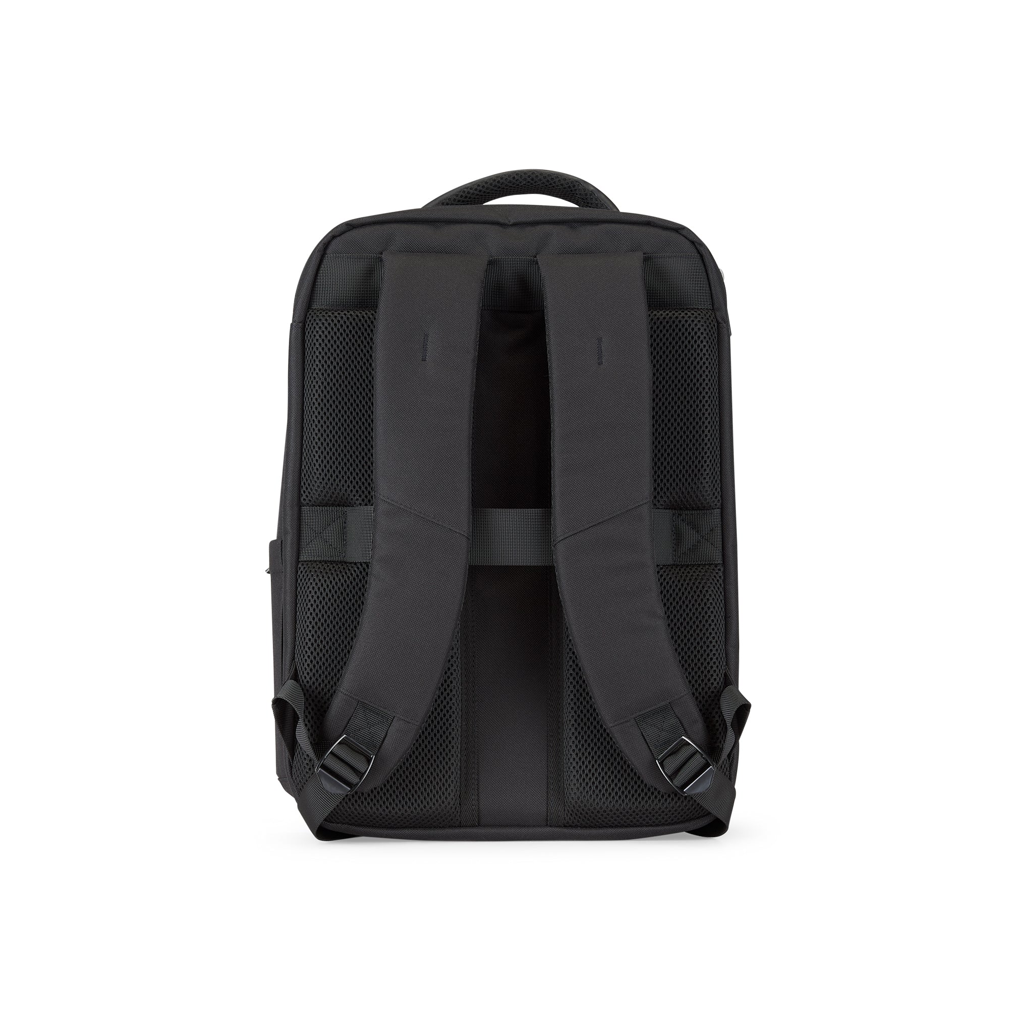 Bugatti Travel Adrian Backpack with adjustable straps and multiple compartments, shown in black on a plain background.