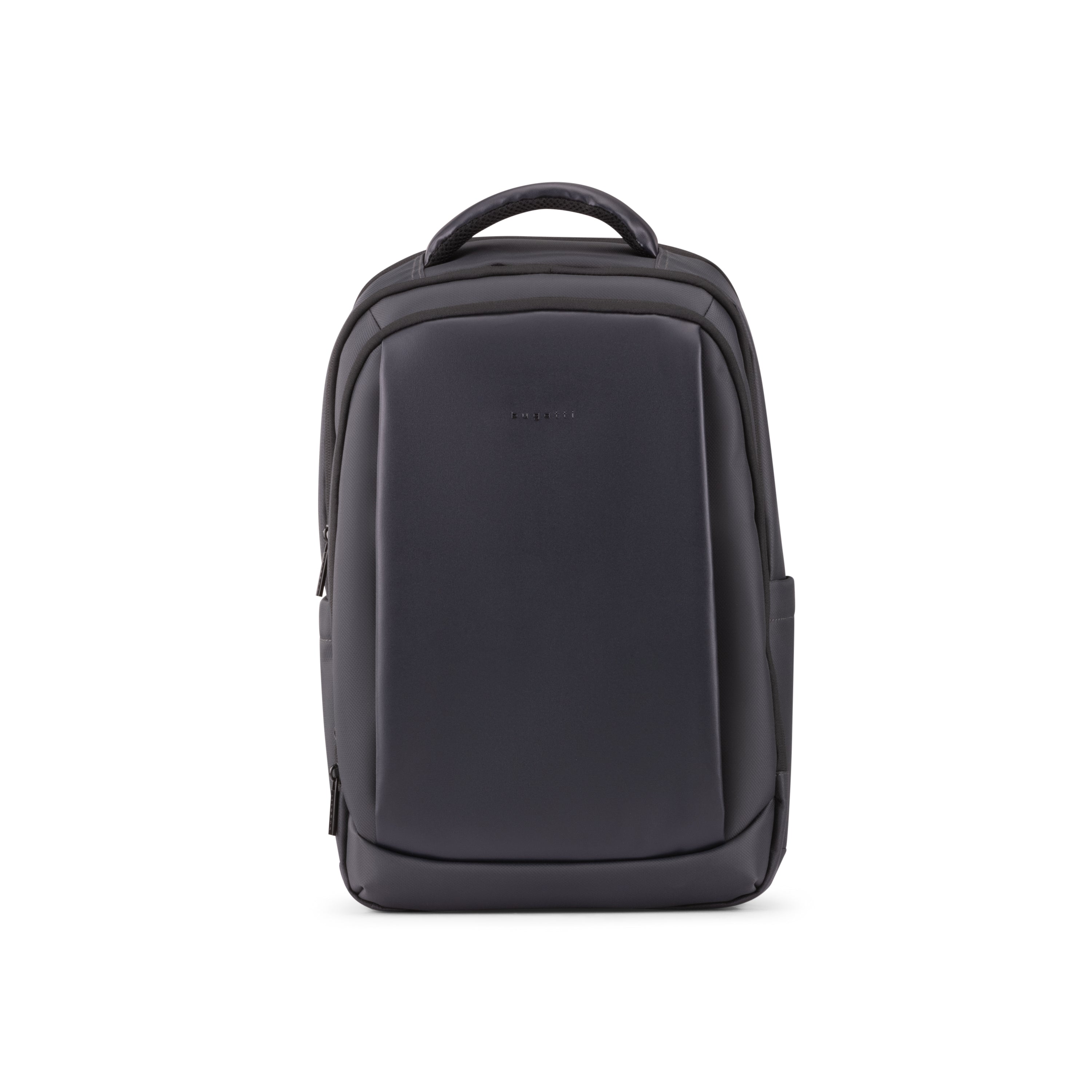 Charcoal Bugatti Travel Adrian backpack with front zipper pocket and adjustable straps, stylish and functional for everyday use.