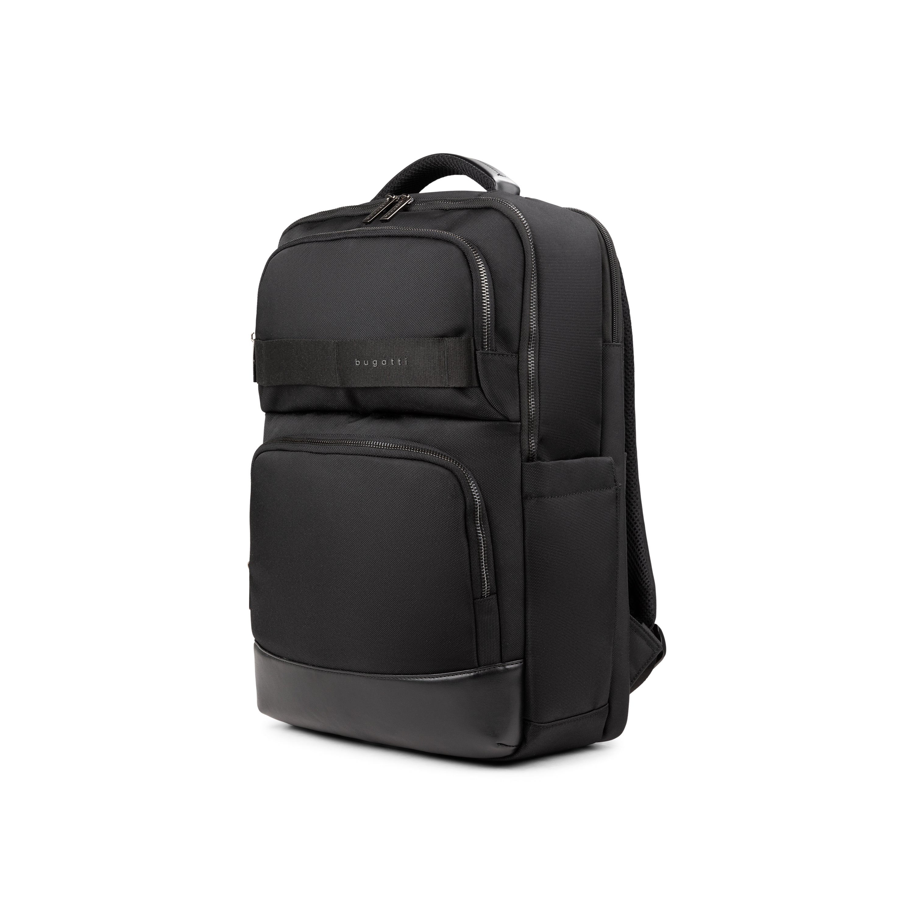 Black Bugatti Collections Blake Backpack with adjustable straps and multiple compartments, viewed from an angle.