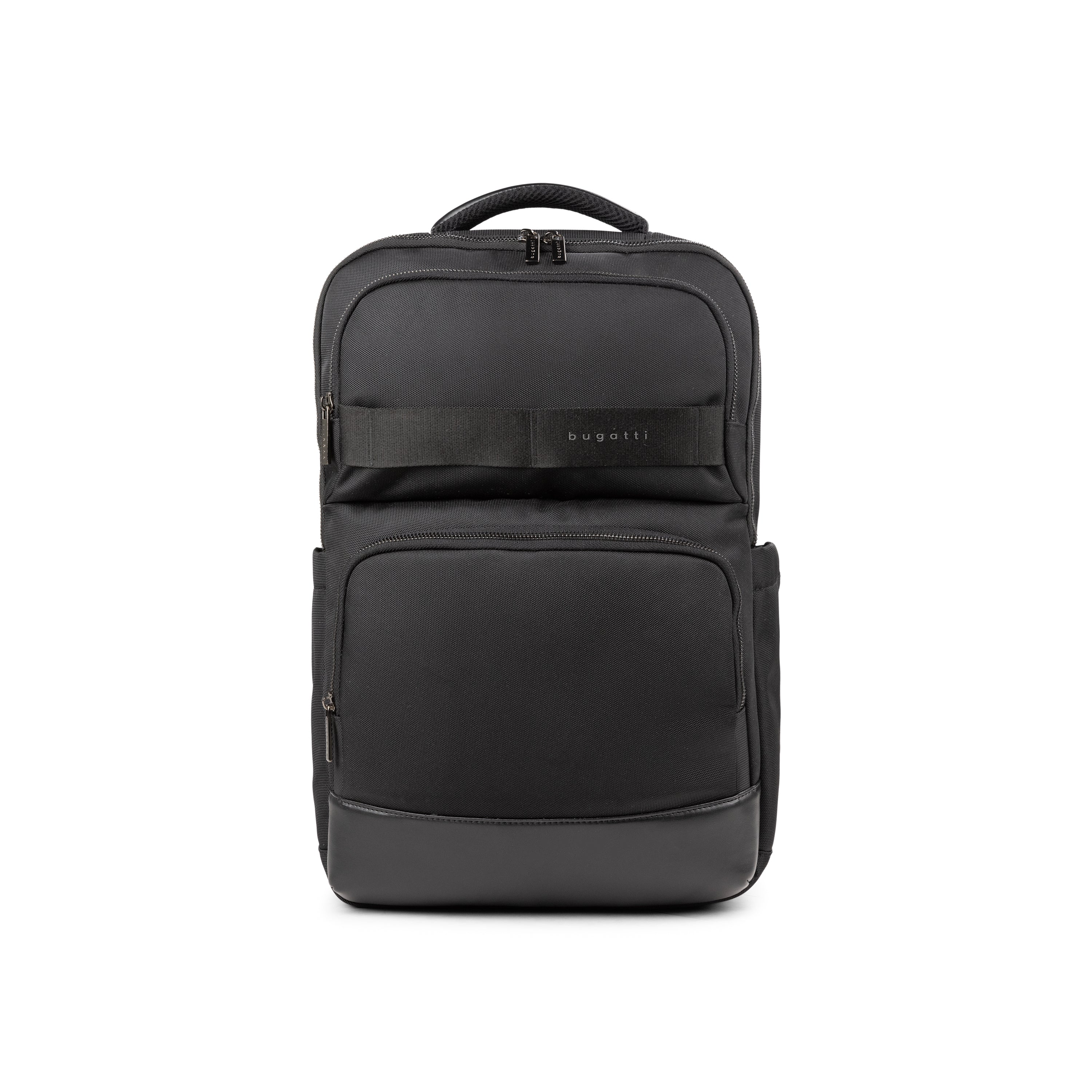 Black Bugatti Collections Blake Backpack with front zipper pocket and adjustable straps on a plain background.