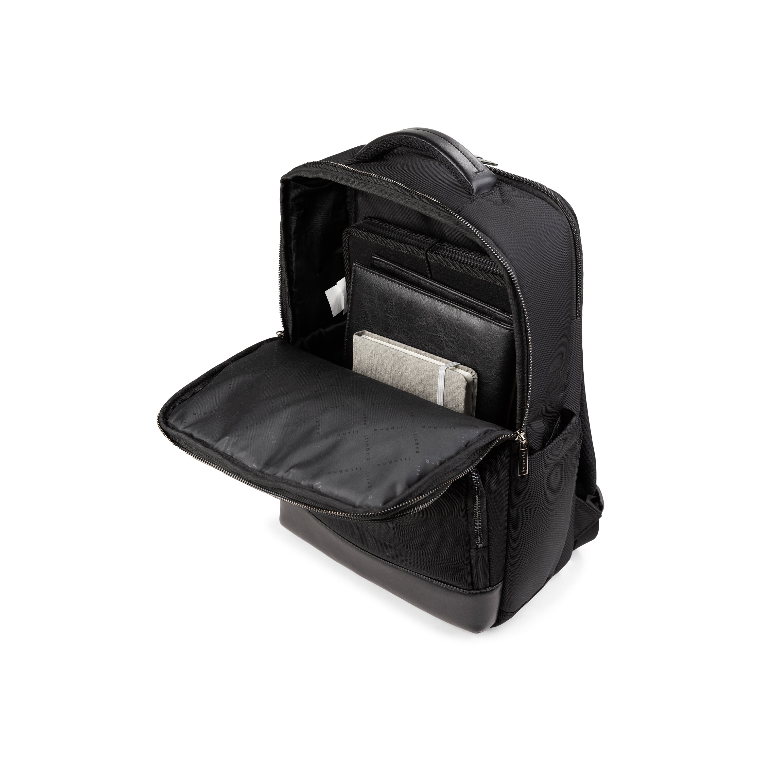 Black Bugatti Collections Blake Backpack with adjustable straps and sleek design, featuring a spacious main compartment.