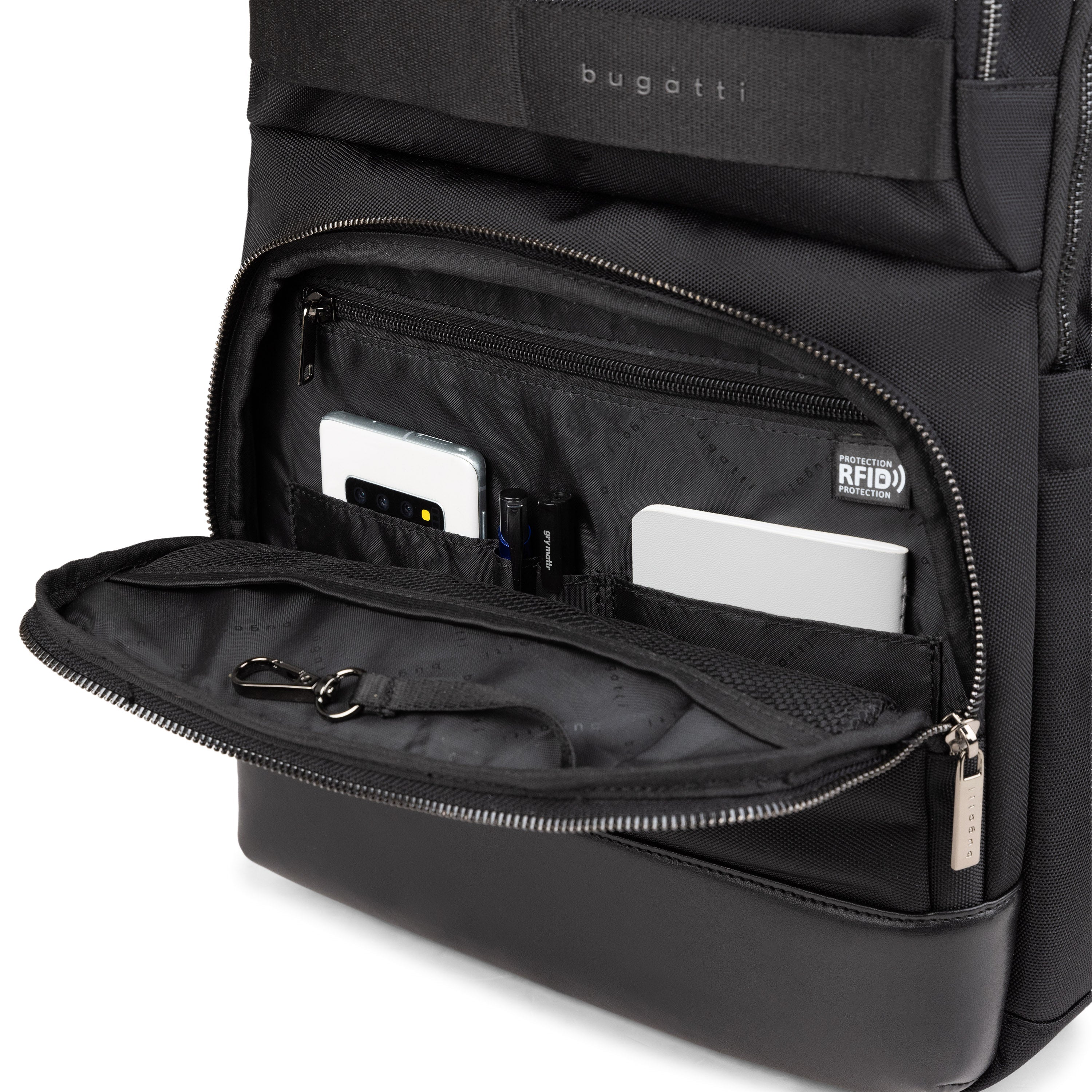 Black Bugatti Collections Blake Backpack with adjustable straps and multiple compartments, stylish and functional for everyday use.