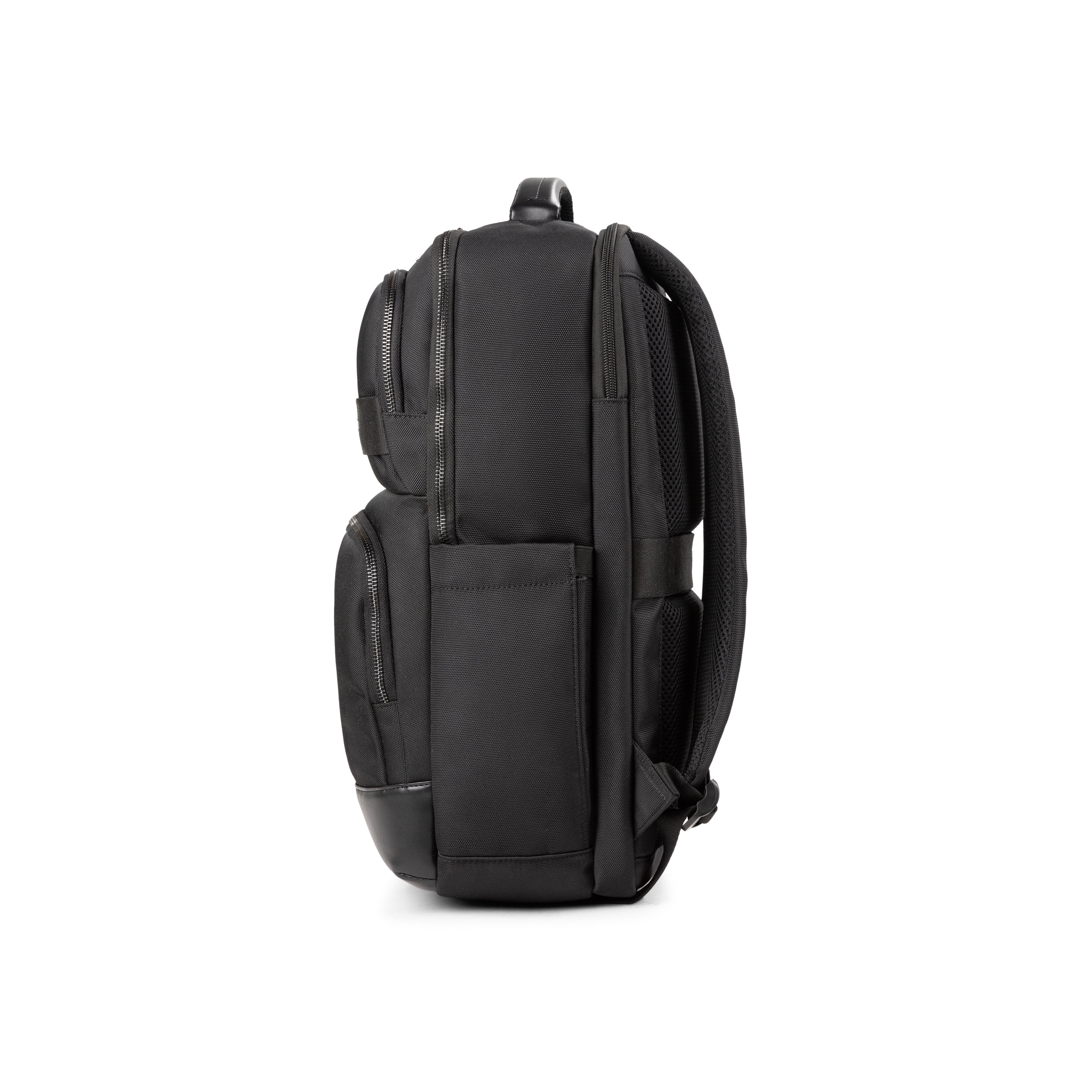 Black Bugatti Collections Blake Backpack with adjustable shoulder straps and sleek design, shown from side view.