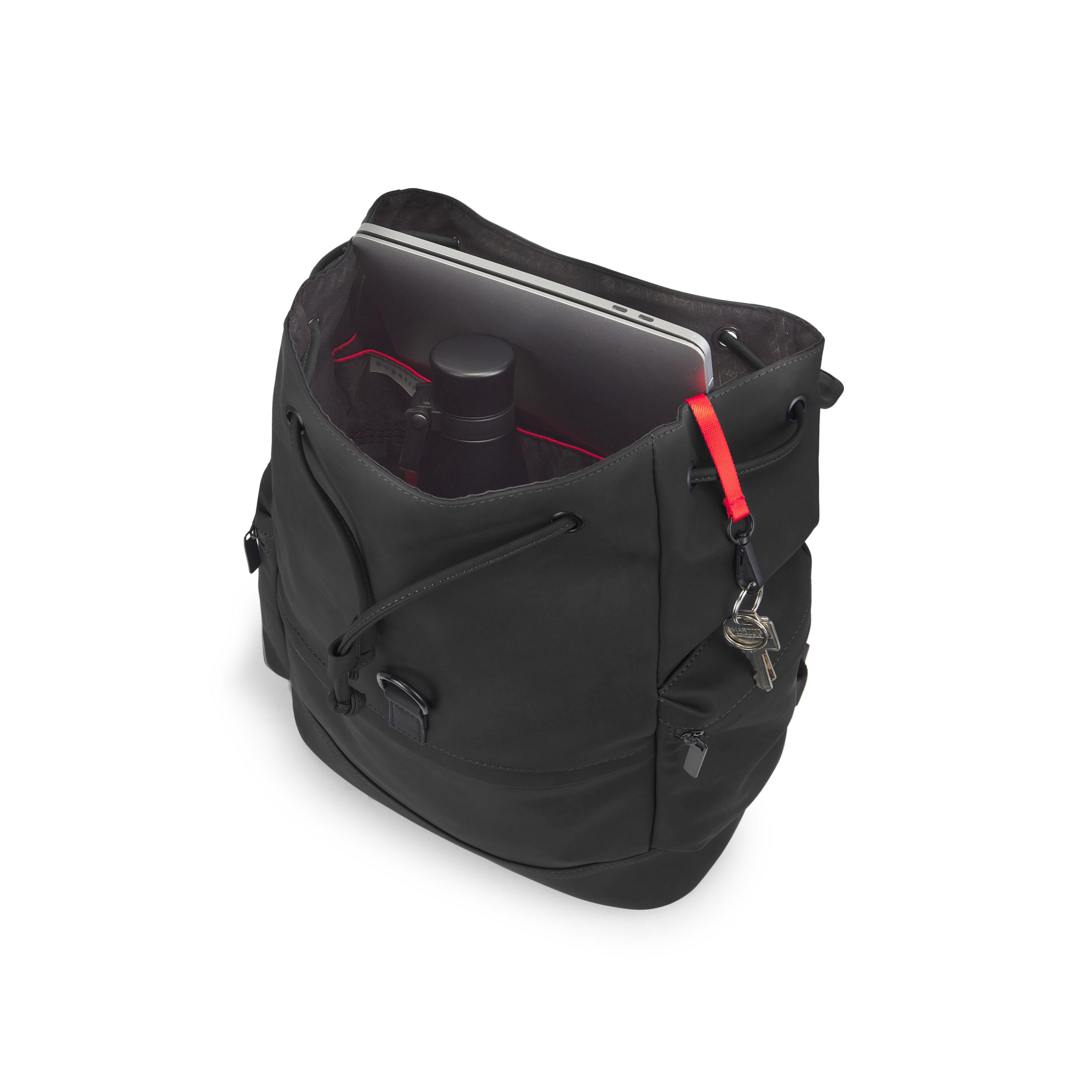 Black Bugatti Travel Core Backpack with interior compartments, showing durable fabric and adjustable straps.