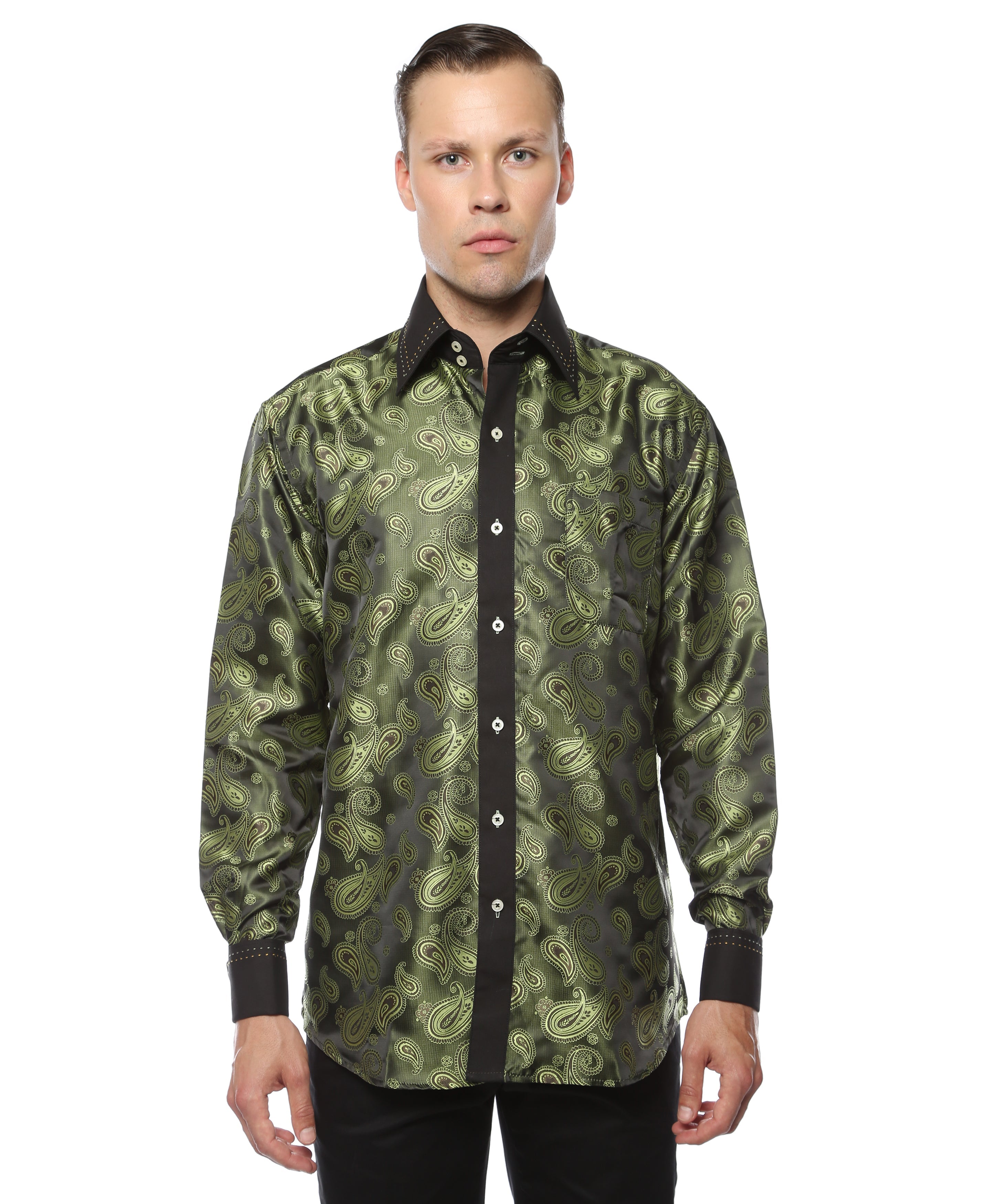 Fashion shirt: Ferrecci men's green paisley button-down dress shirt with satin finish, style Hi-1010, shown on a hanger.