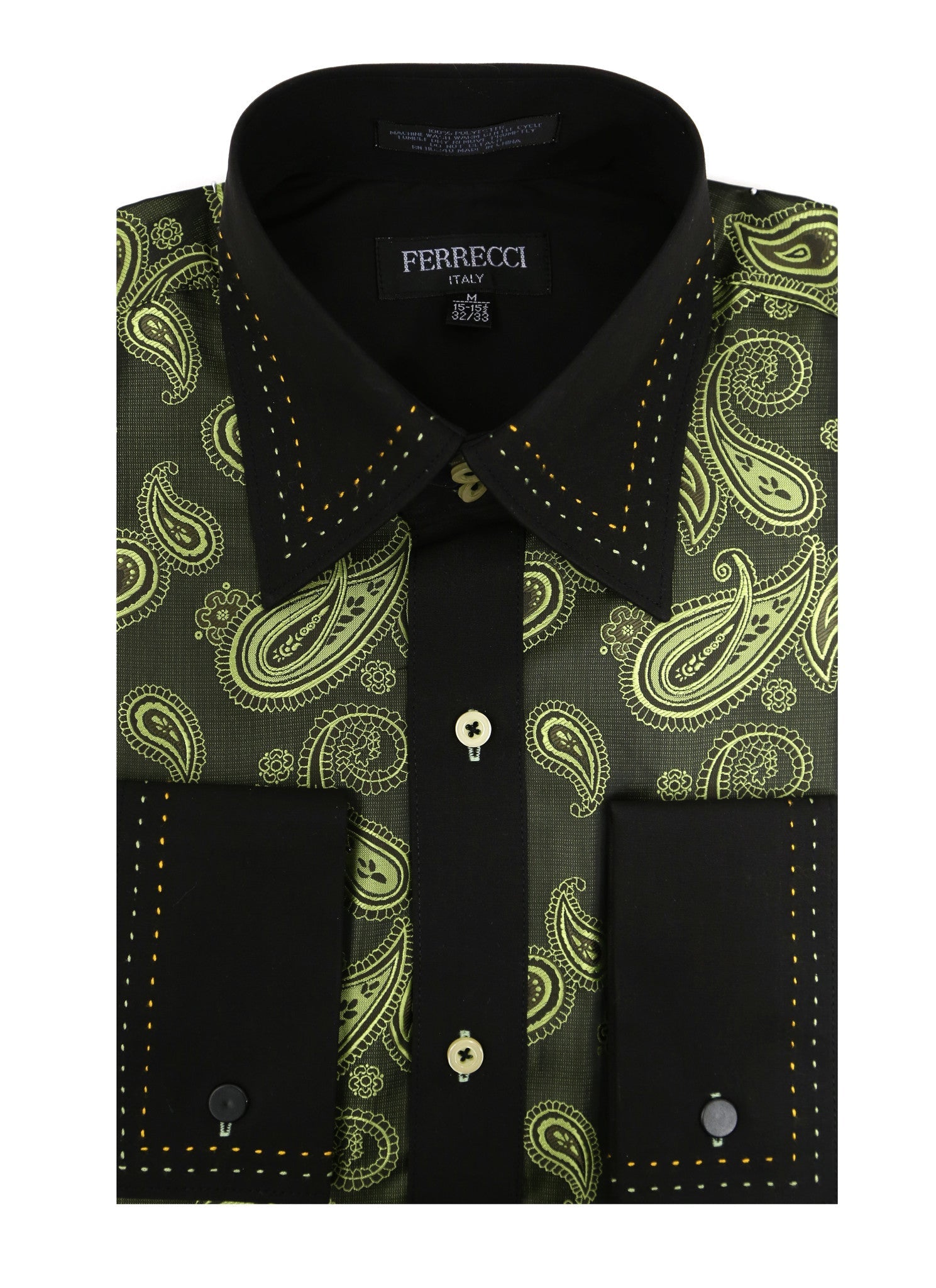 Ferrecci men's green paisley button-down dress shirt, Satine Hi-1010, stylish fashion shirt with intricate paisley pattern.
