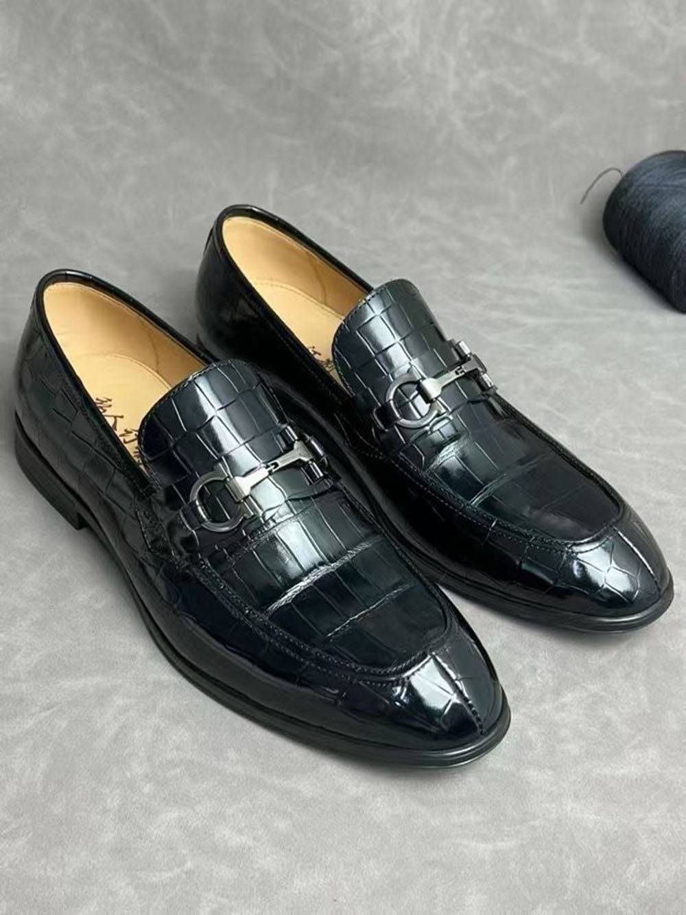Black crocodile leather men's penny loafer dress shoes with rubber sole and calfskin insole