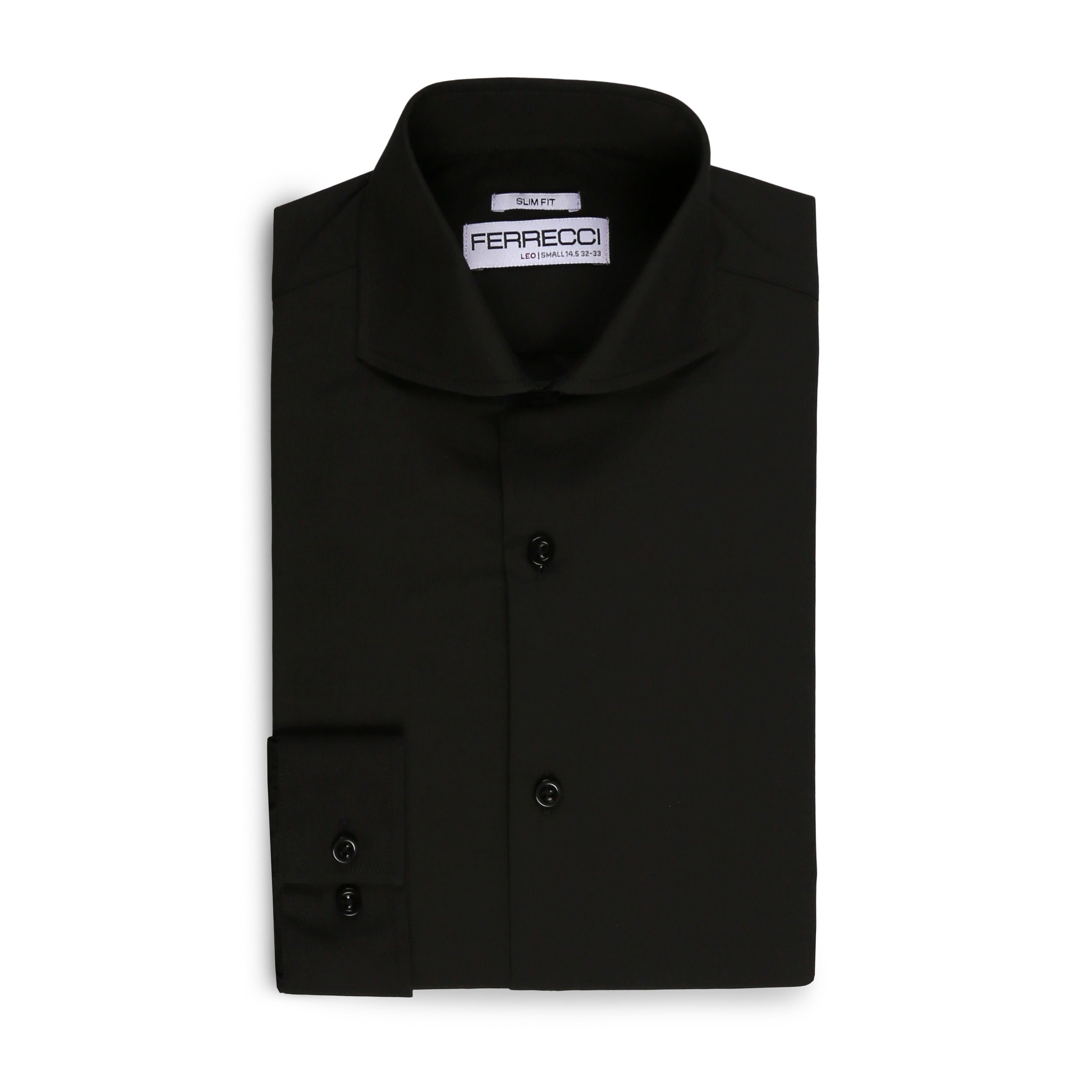 FERRECCI Leo men's black slim fit cotton dress shirt displayed flat with collar and button details.