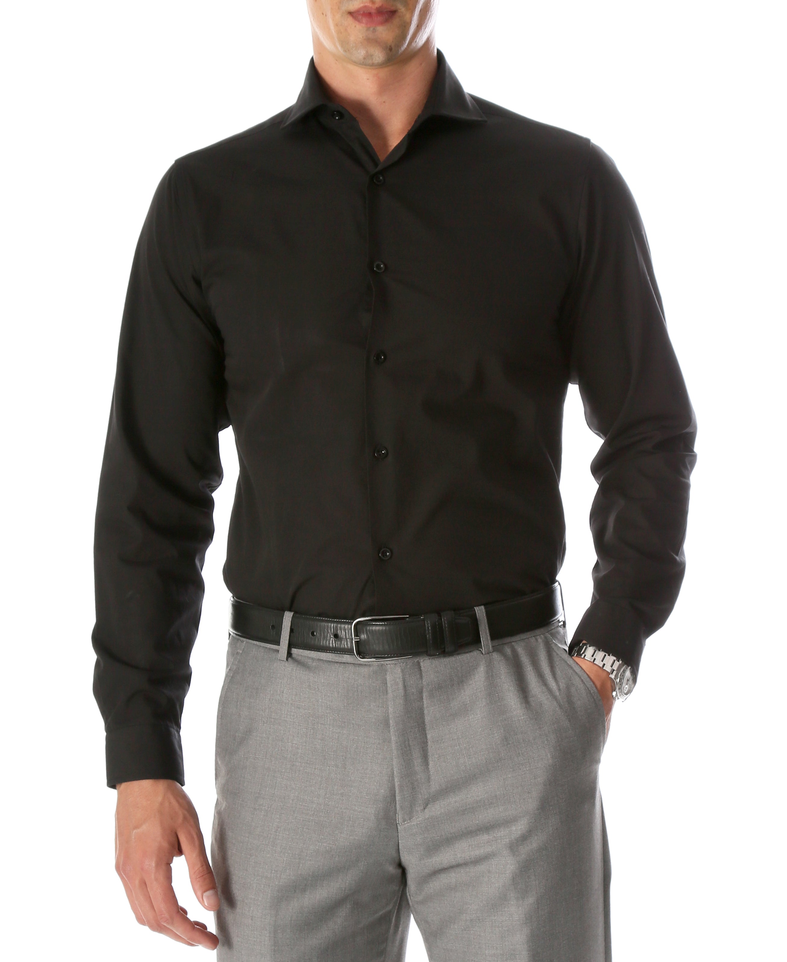 FERRECCI Leo men's black slim fit cotton dress shirt displayed on a hanger, showcasing its tailored design and smooth fabric.