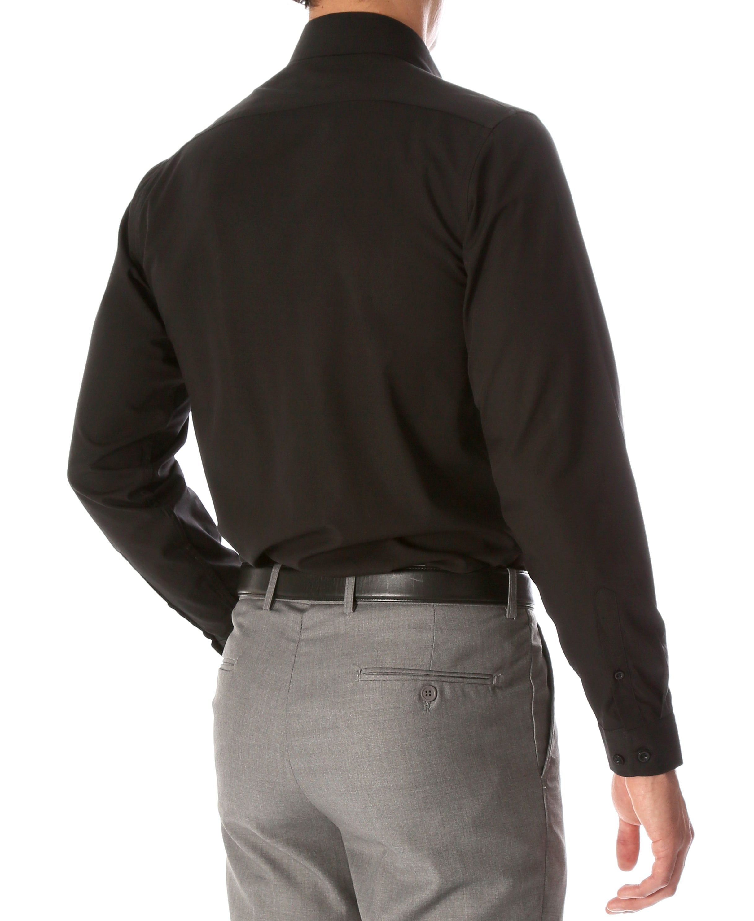 Black slim fit cotton dress shirt for men by FERRECCI, shown flat with collar and button details.