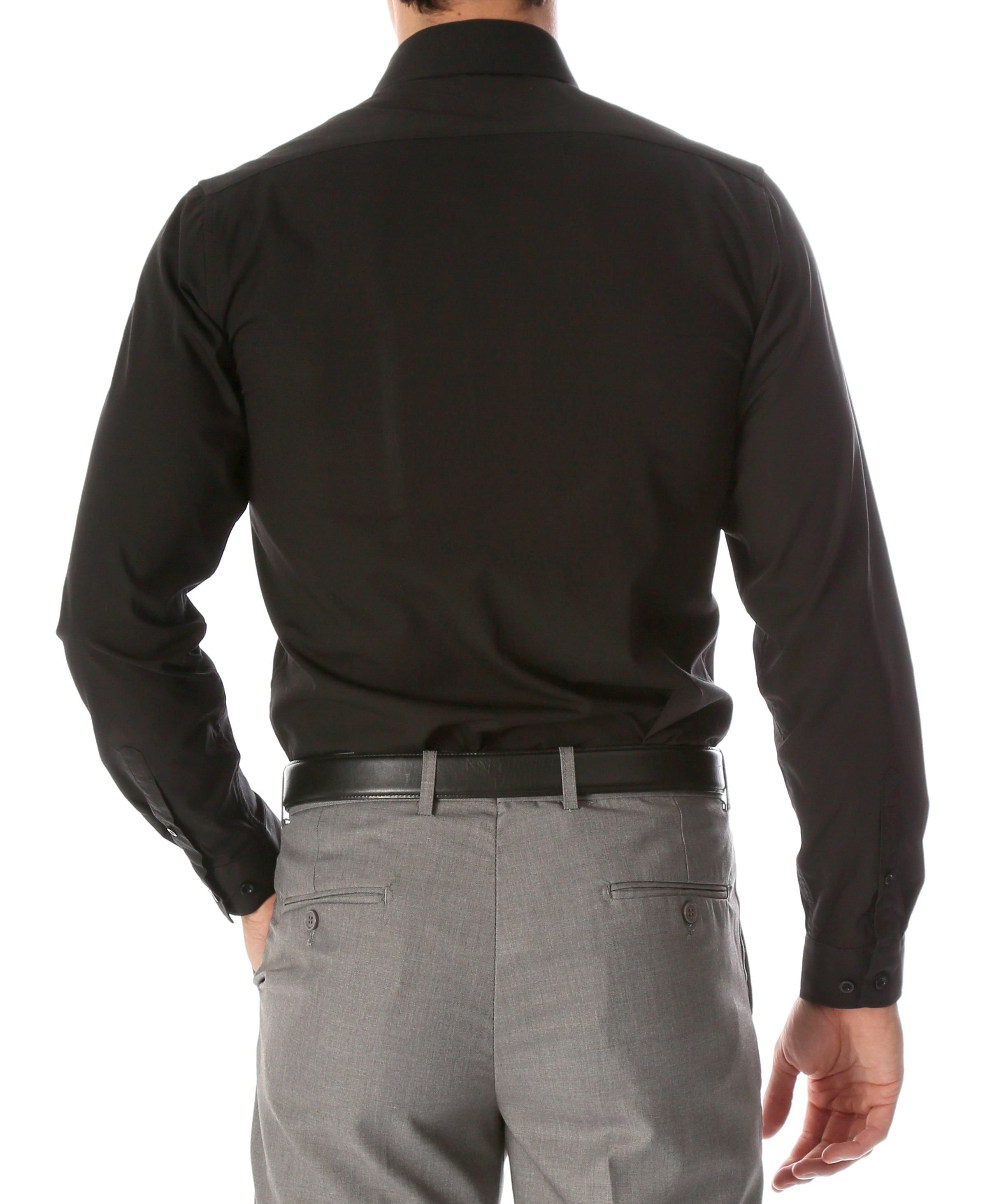 FERRECCI Leo men's black slim fit cotton dress shirt displayed flat, showcasing collar, button front, and tailored fit.