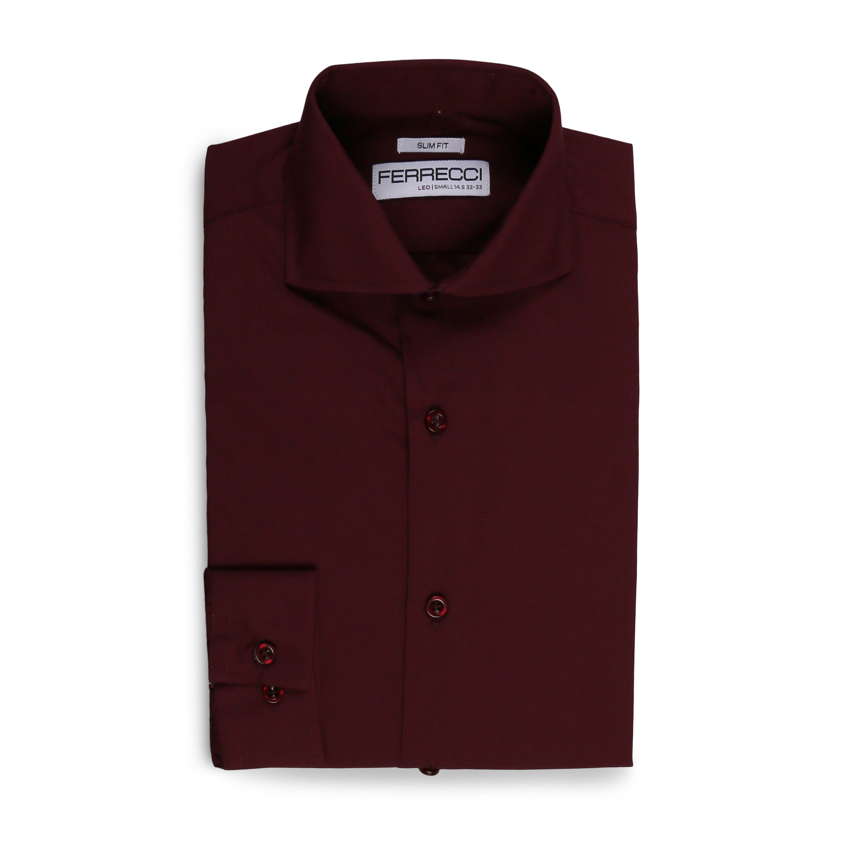 FERRECCI Leo men's burgundy slim fit cotton dress shirt displayed on a hanger with close-up fabric detail.