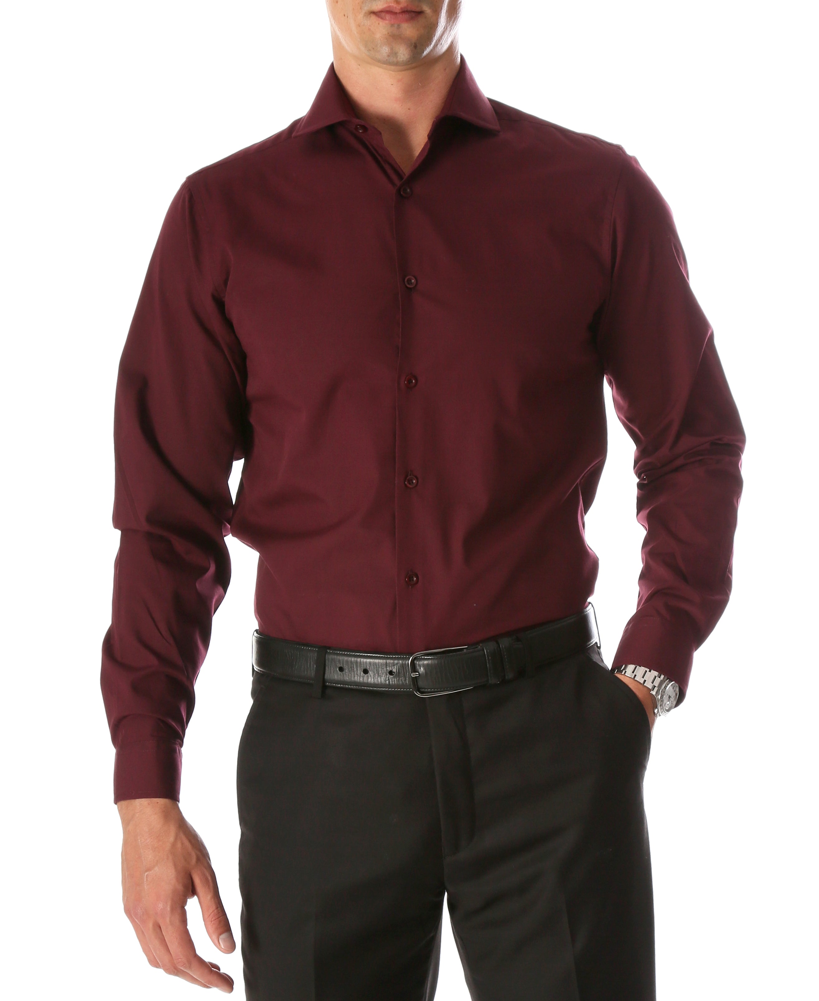 Ferrecci Leo men's burgundy slim fit cotton dress shirt displayed on a hanger, showcasing its tailored style and fabric texture.