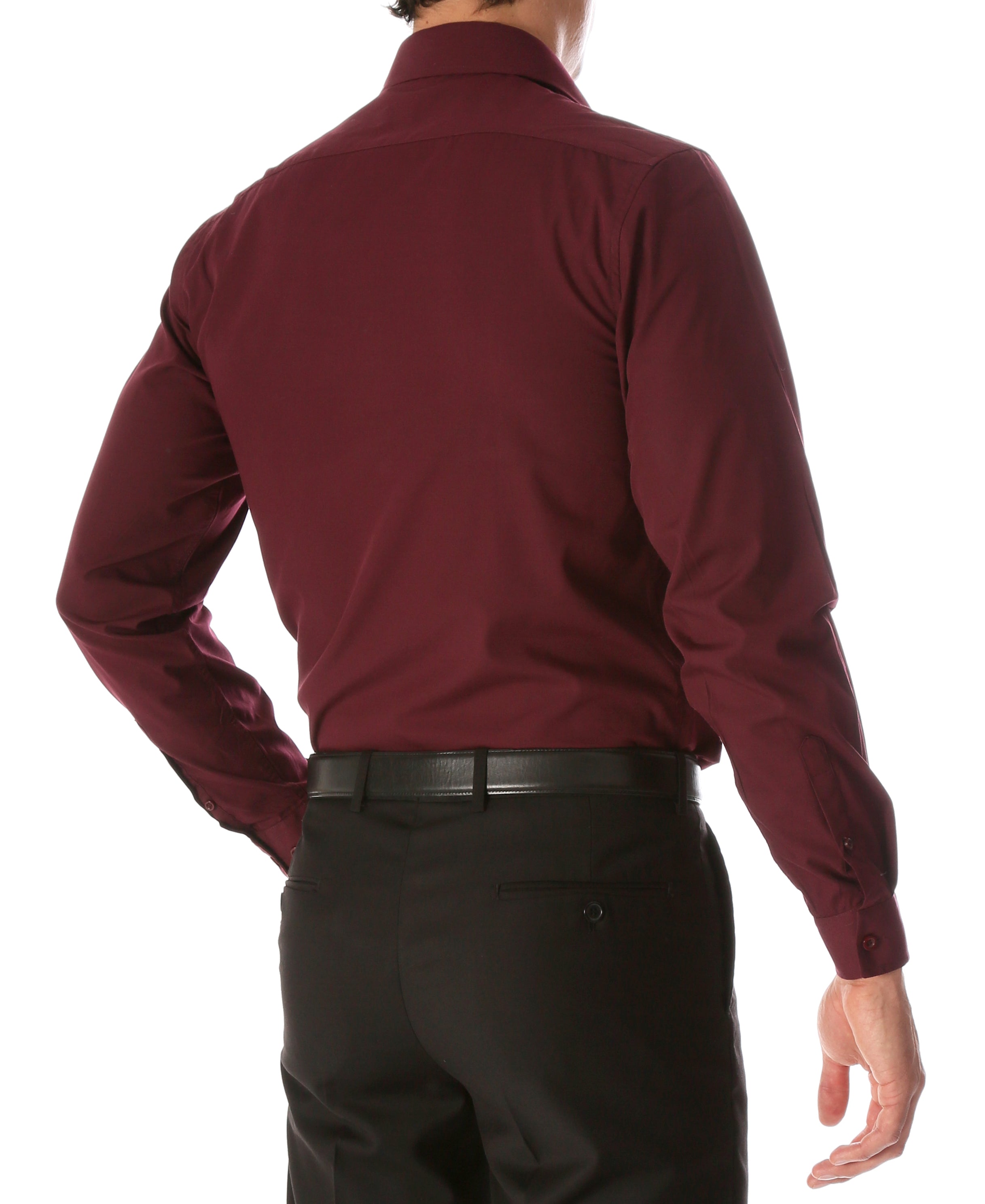 Ferrecci Leo men's burgundy slim fit cotton dress shirt displayed on a hanger, showcasing its tailored design and smooth fabric.