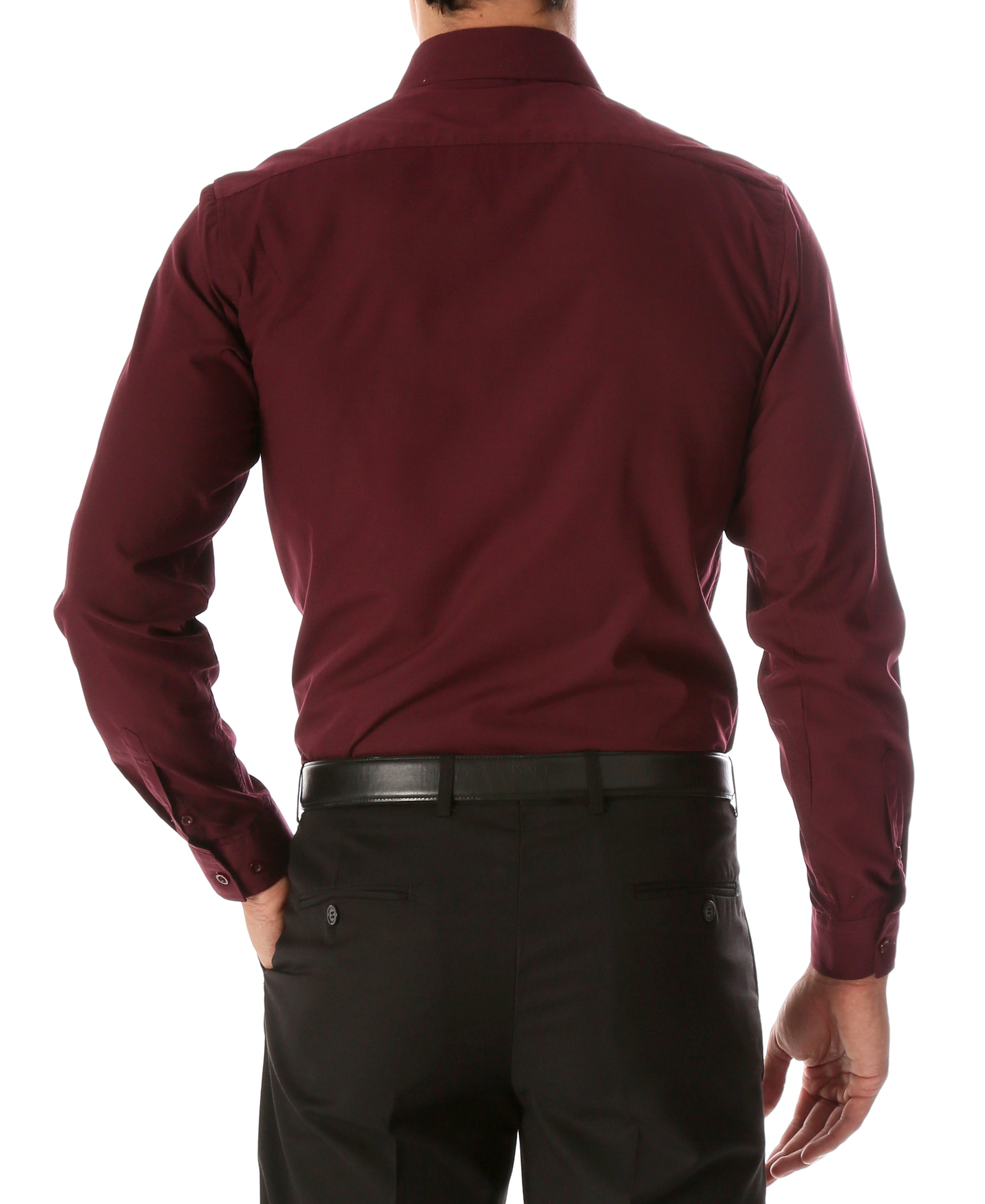 Ferrecci Leo men's burgundy slim fit cotton dress shirt displayed on a hanger, showcasing its tailored style and rich color.