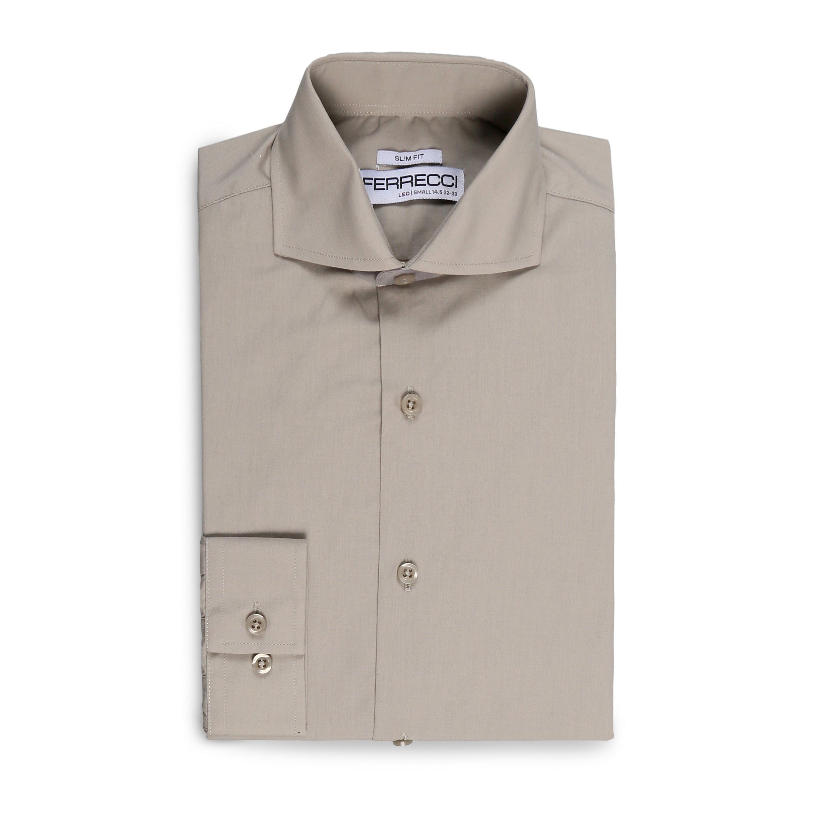FERRECCI Leo men's grey slim fit cotton dress shirt displayed on a hanger, showcasing its classic collar and tailored fit.