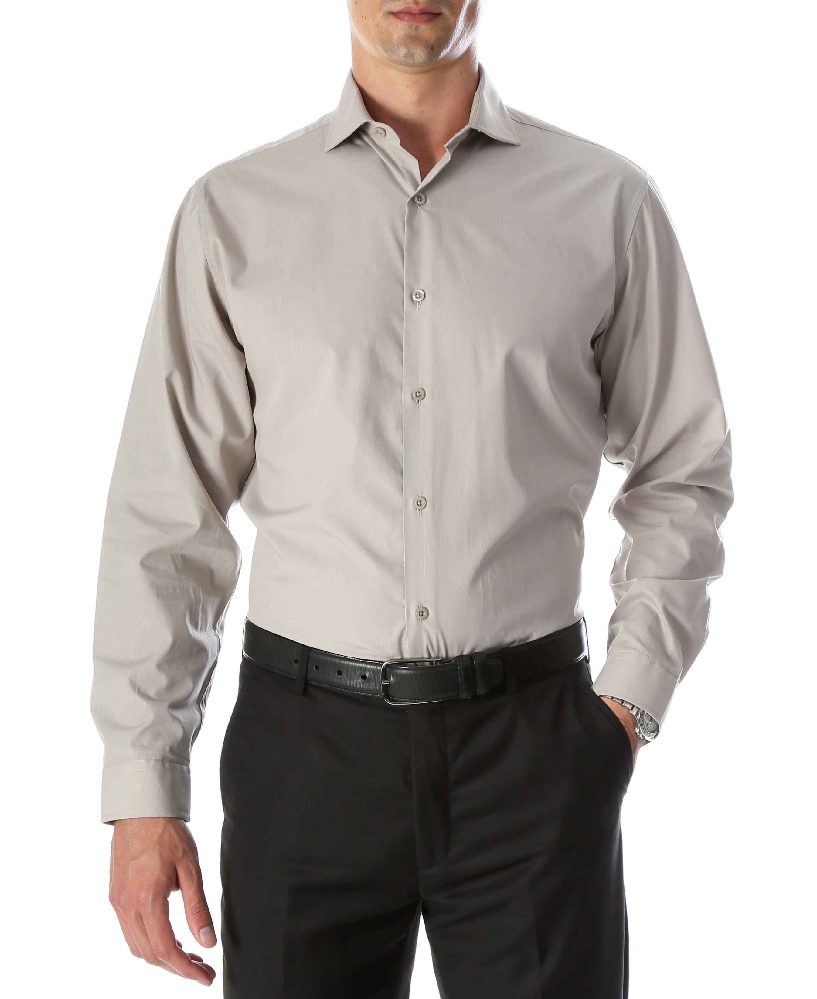 FERRECCI Leo men's grey slim fit cotton dress shirt displayed on a hanger, featuring a classic collar and button-down style.