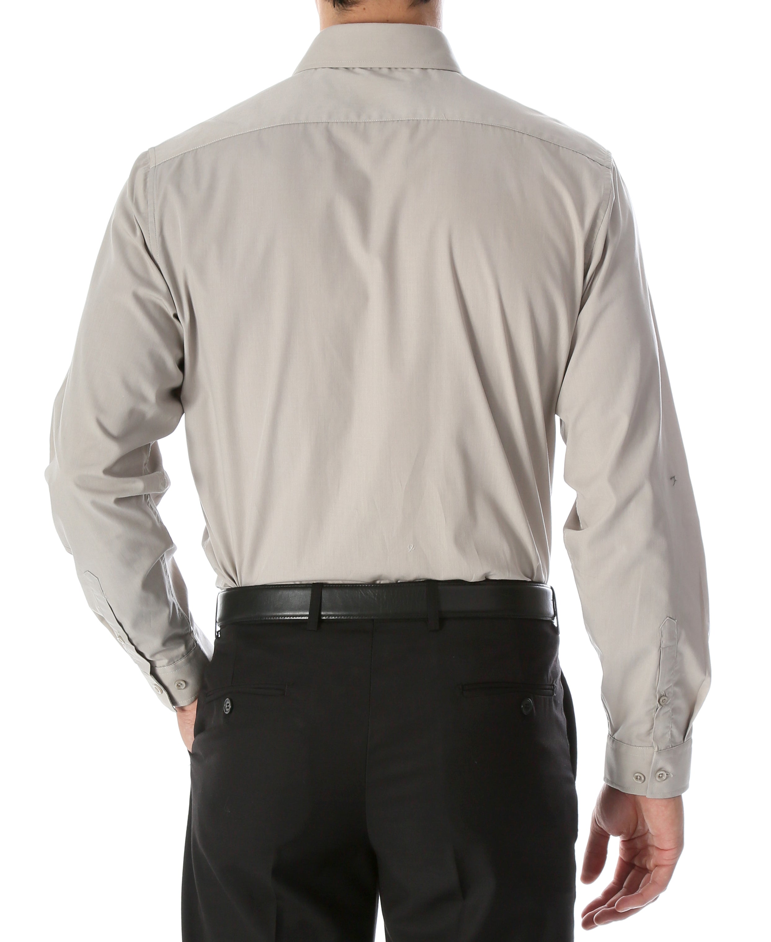 FERRECCI Leo men's grey slim fit cotton dress shirt displayed on a hanger, close-up of collar and fabric texture.