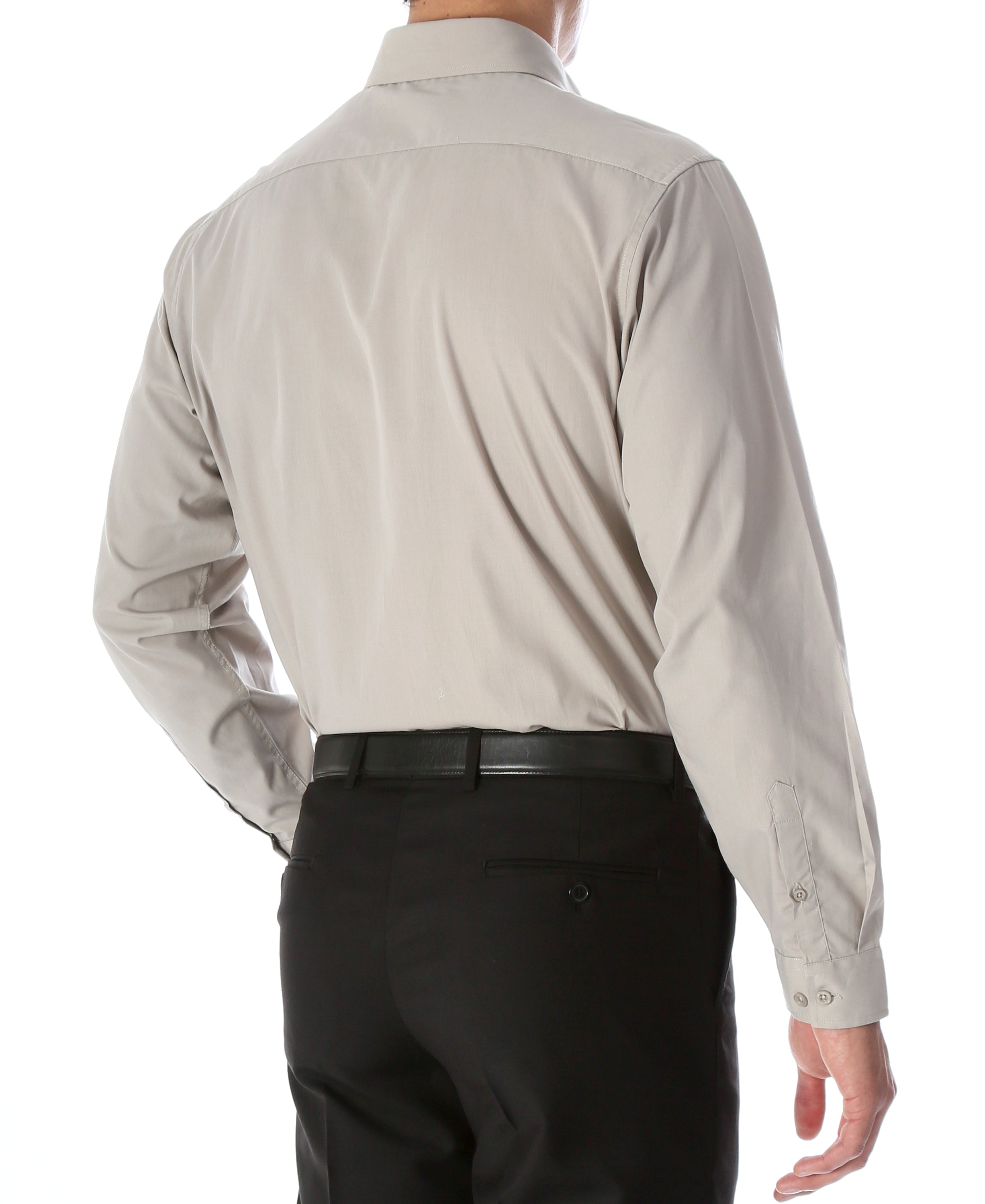 FERRECCI Leo men's grey slim fit cotton dress shirt displayed on a hanger, showcasing its tailored design and fabric texture.
