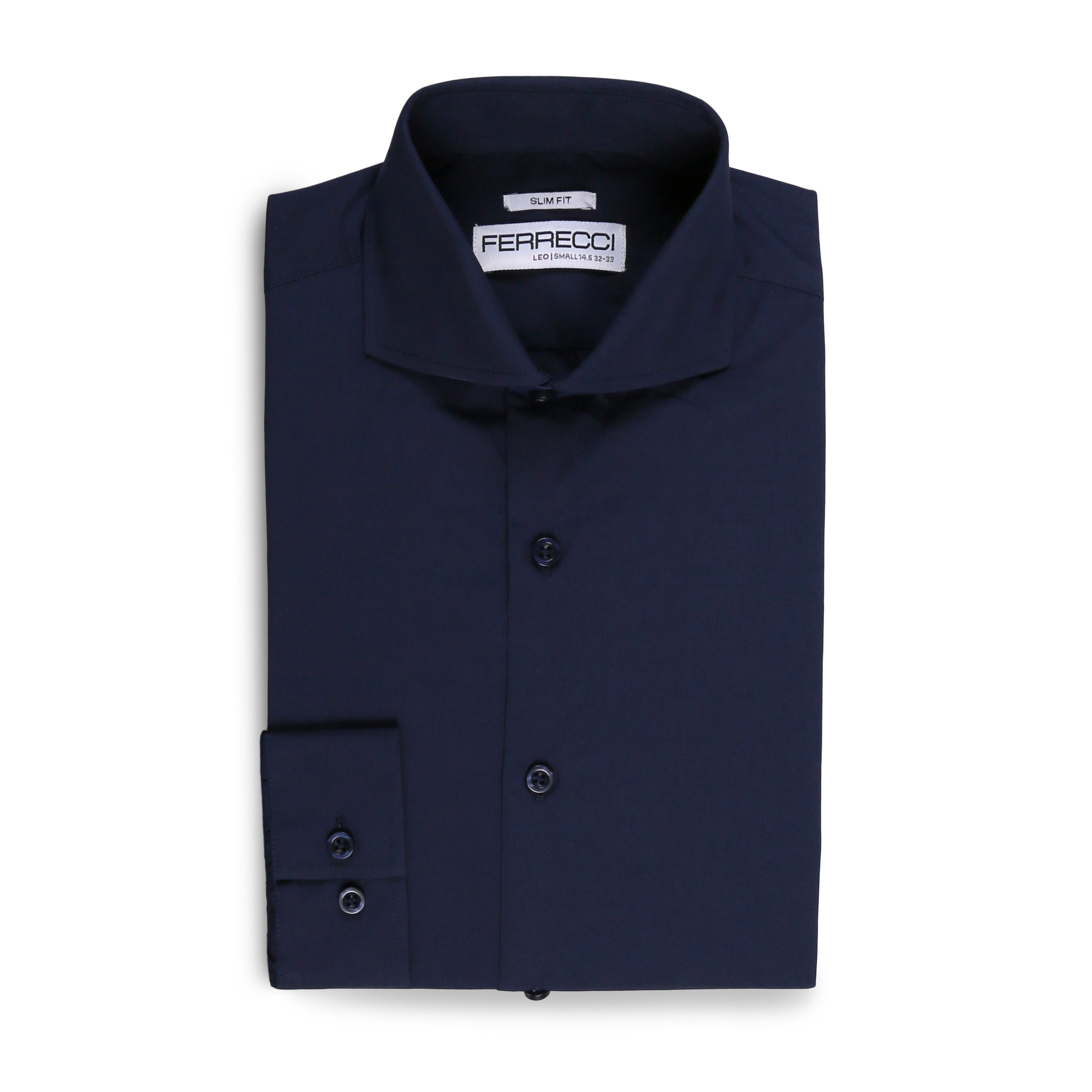 FERRECCI Leo men's navy slim fit cotton dress shirt displayed on a hanger, showcasing the tailored design and fabric texture.
