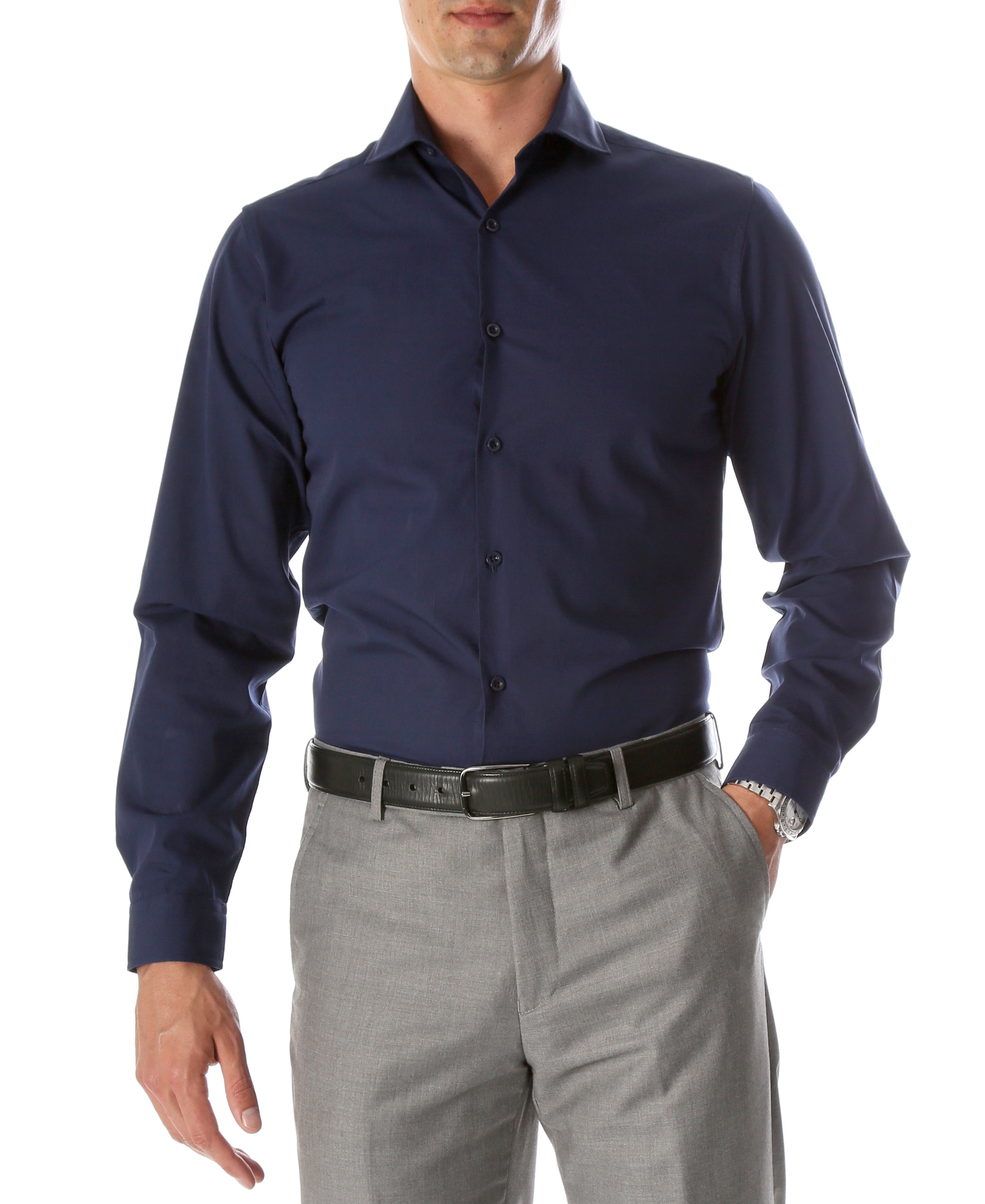 FERRECCI Leo men's navy slim fit cotton dress shirt displayed on a hanger, showcasing its tailored design and smooth fabric.