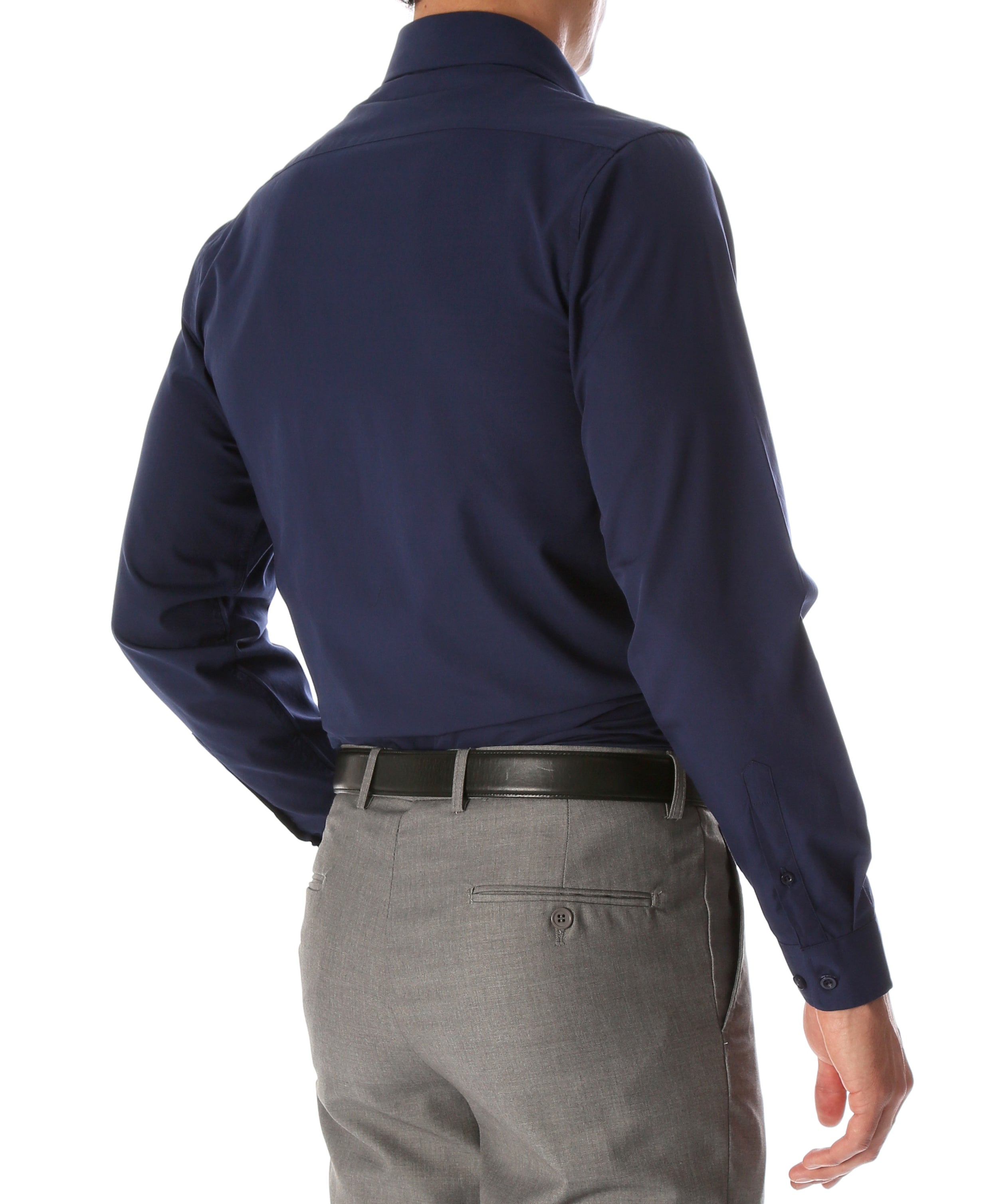Ferrecci Leo men's navy slim fit cotton dress shirt displayed on a hanger, showcasing its tailored design and classic collar.