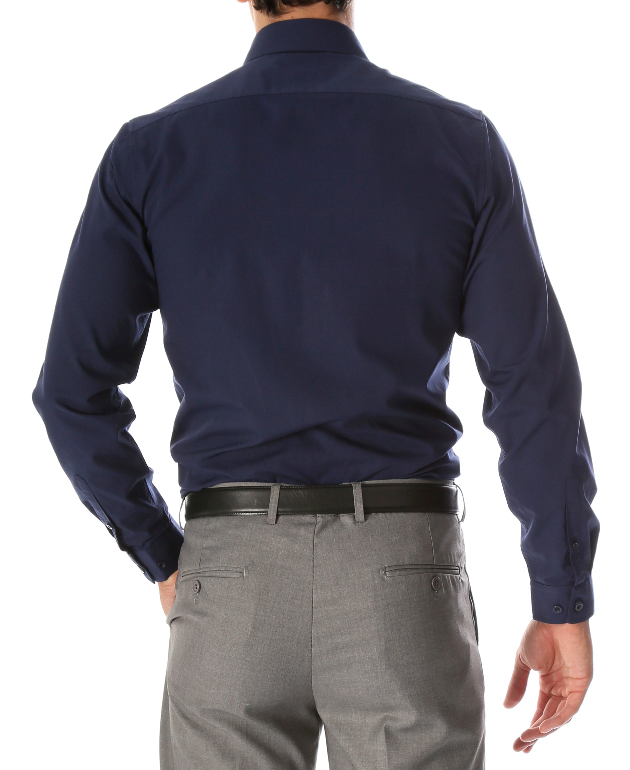 Ferrecci Leo men's navy slim fit cotton dress shirt displayed flat with collar and button details.