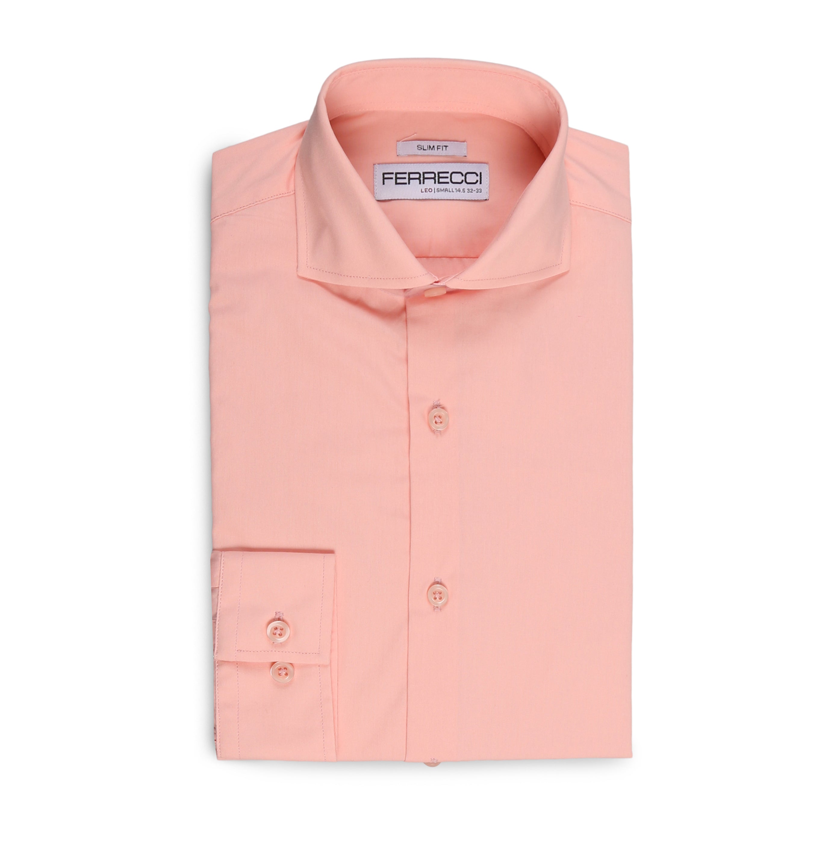 FERRECCI Leo men's pink slim fit cotton dress shirt displayed on a hanger, highlighting its tailored fit and smooth fabric.