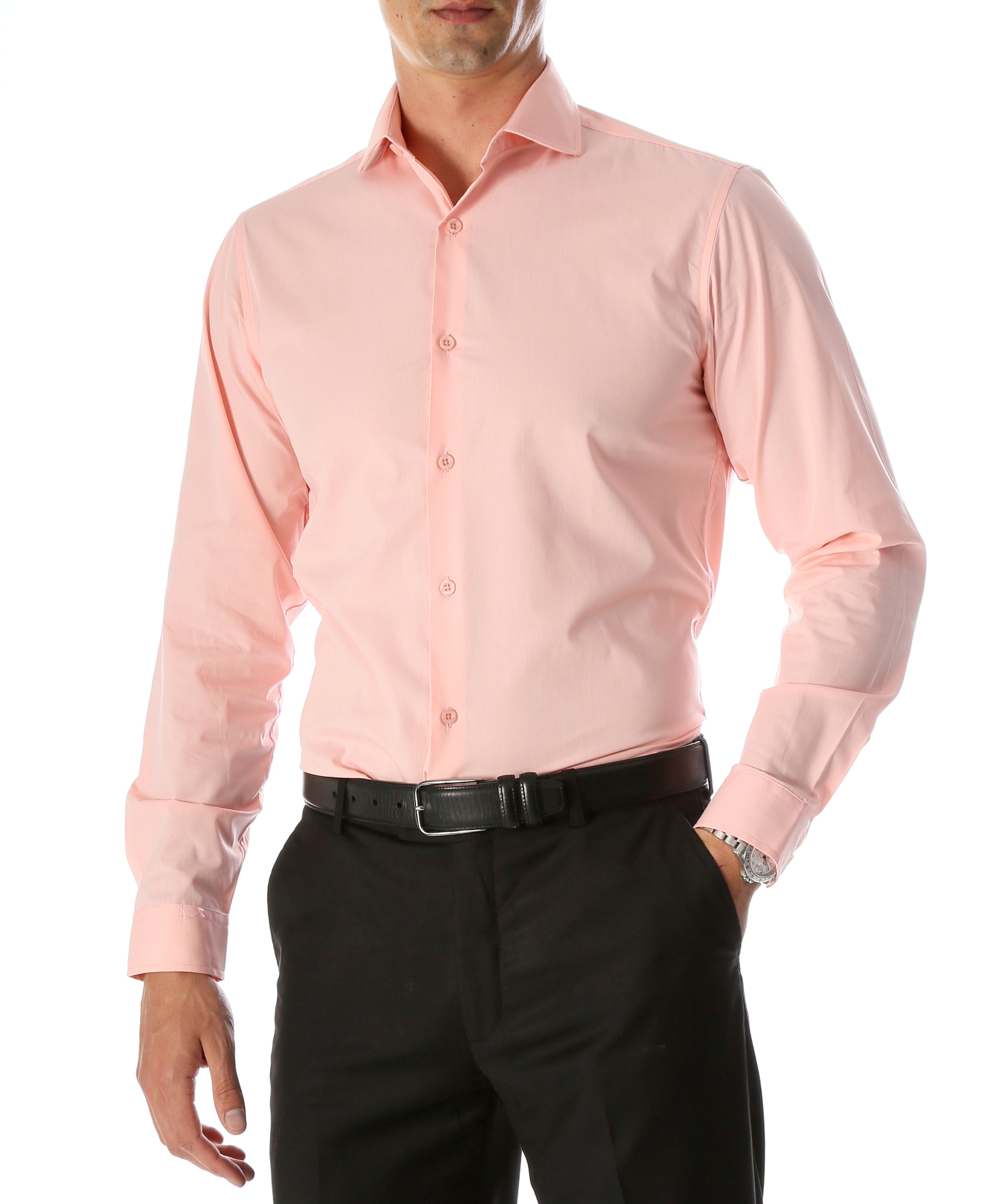 FERRECCI Leo men's pink slim fit cotton dress shirt displayed flat with collar and buttons, ideal for formal or business wear.