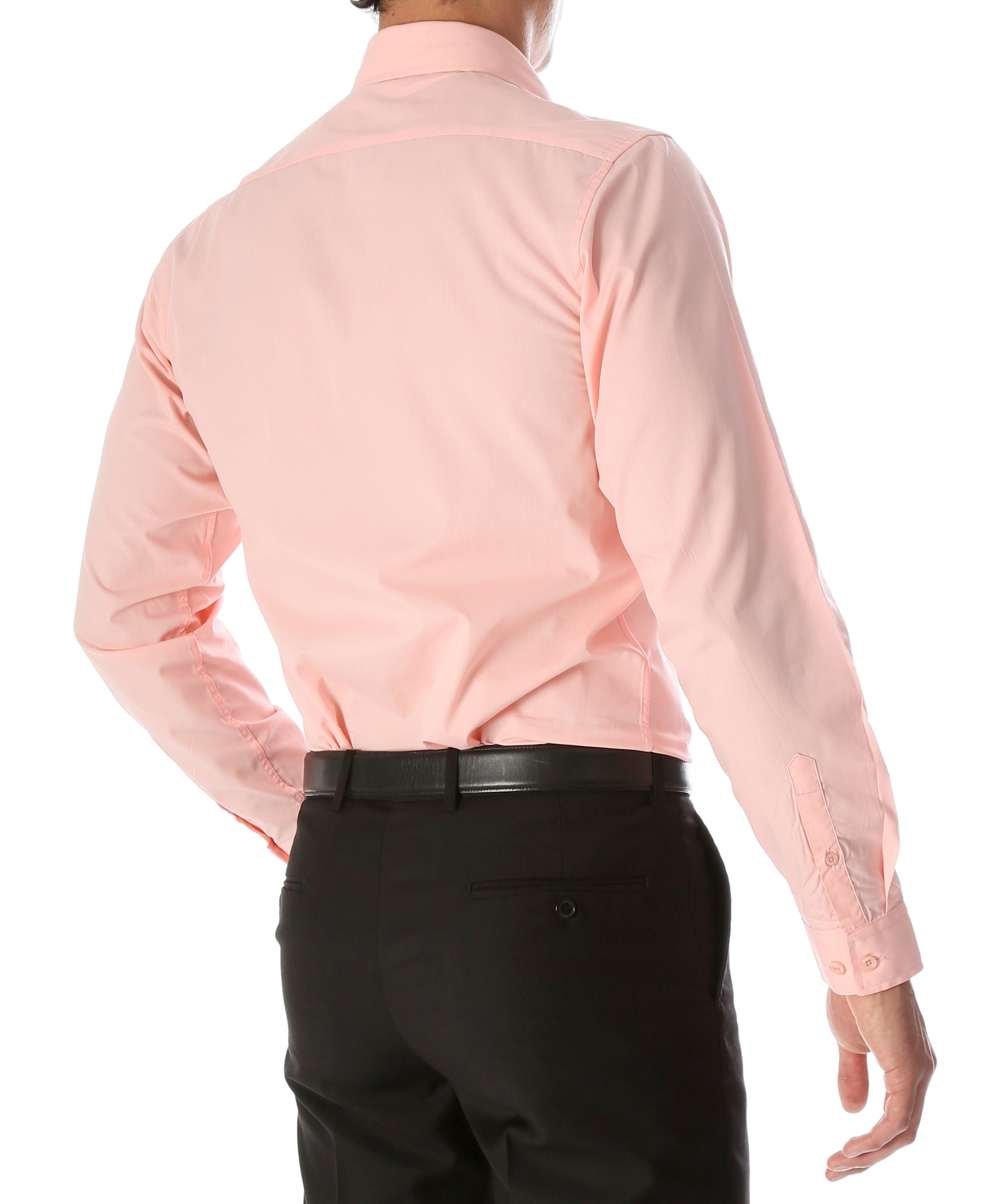 FERRECCI Leo men's pink slim fit cotton dress shirt displayed on a hanger, showcasing its tailored style and vibrant color.