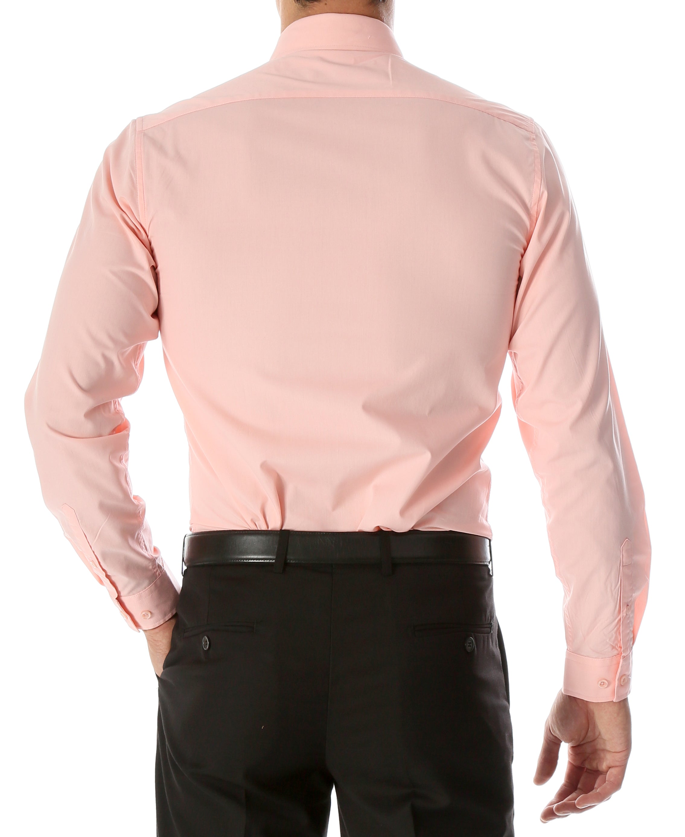 Ferrecci Leo men's pink slim fit cotton dress shirt displayed on a hanger, showcasing tailored collar and button front.