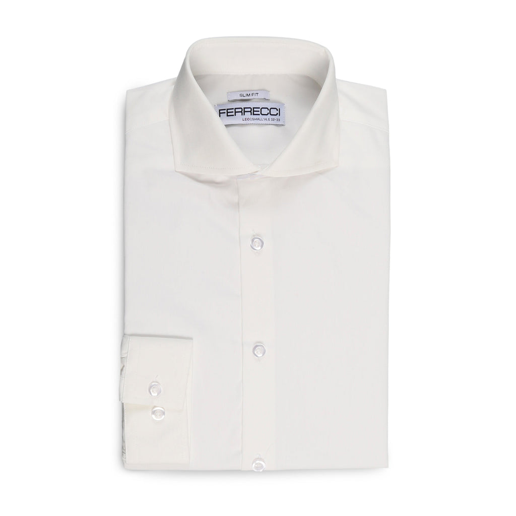 Leo men's slim fit snow white dress shirt displayed on a hanger, featuring a classic collar and long sleeves.