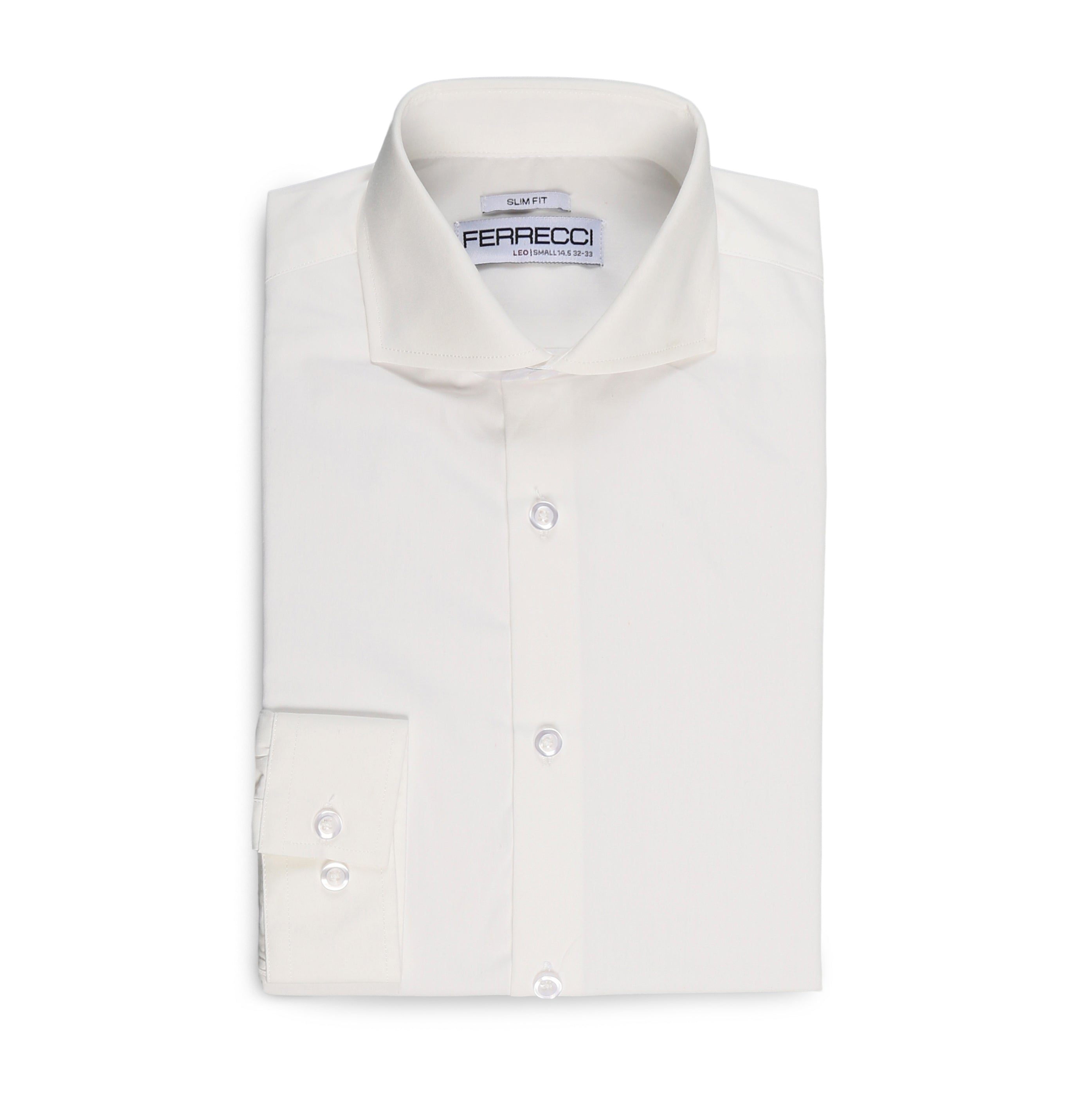 Leo men's slim fit snow white dress shirt displayed on a hanger, featuring a classic collar and long sleeves.