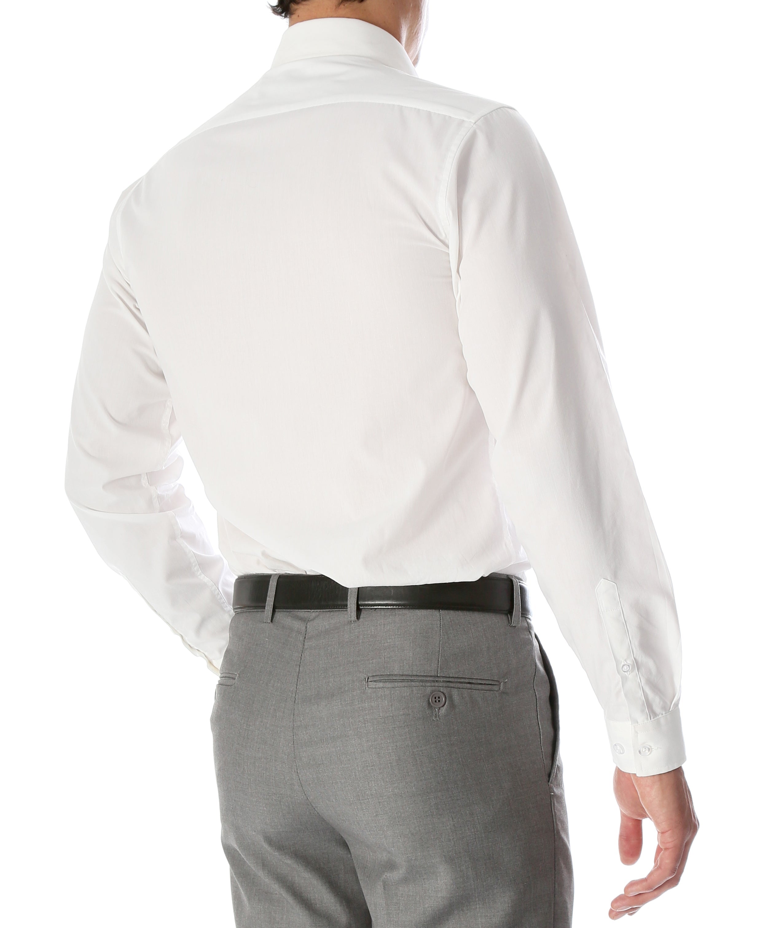 Leo men's slim fit snow white dress shirt, tailored fit with classic collar and long sleeves, suitable for formal occasions.