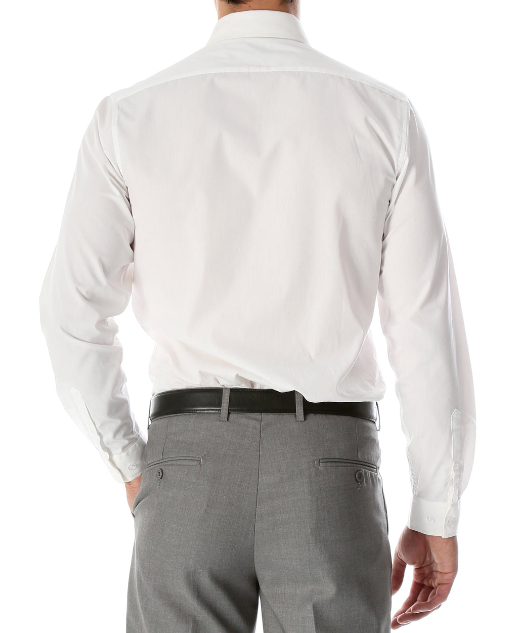 Leo men's slim fit snow white dress shirt displayed flat, showcasing collar, buttons, and tailored fit.