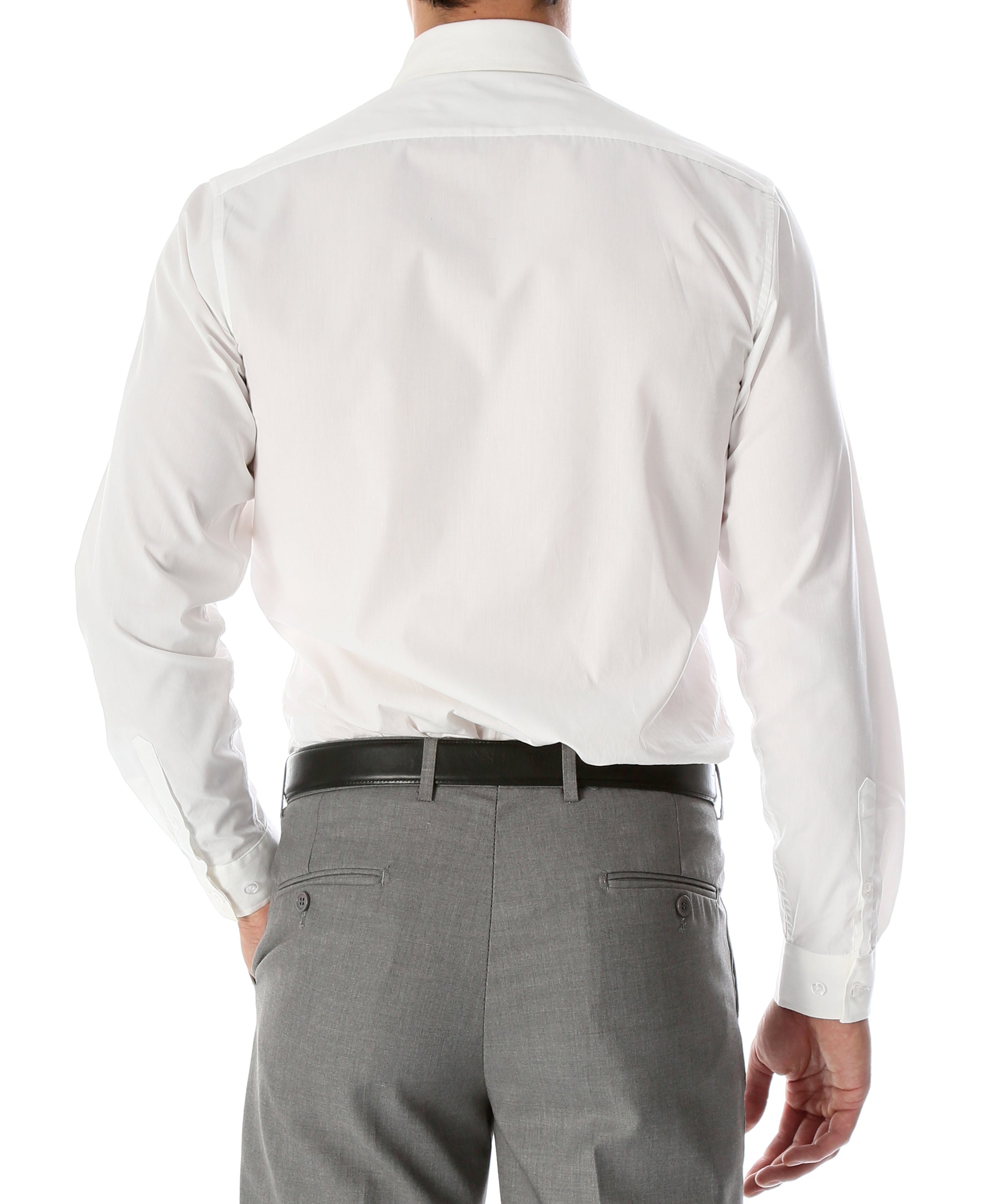 Leo men's slim fit snow white dress shirt displayed flat, showcasing collar, buttons, and tailored fit.