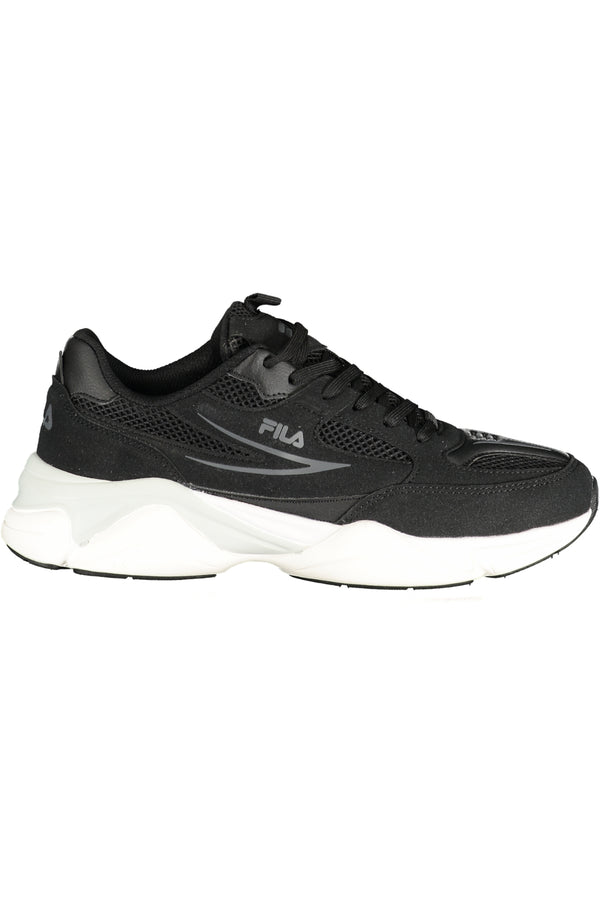 FILA men's black sports sneakers with white accents, lightweight mesh upper, and cushioned sole for athletic comfort.