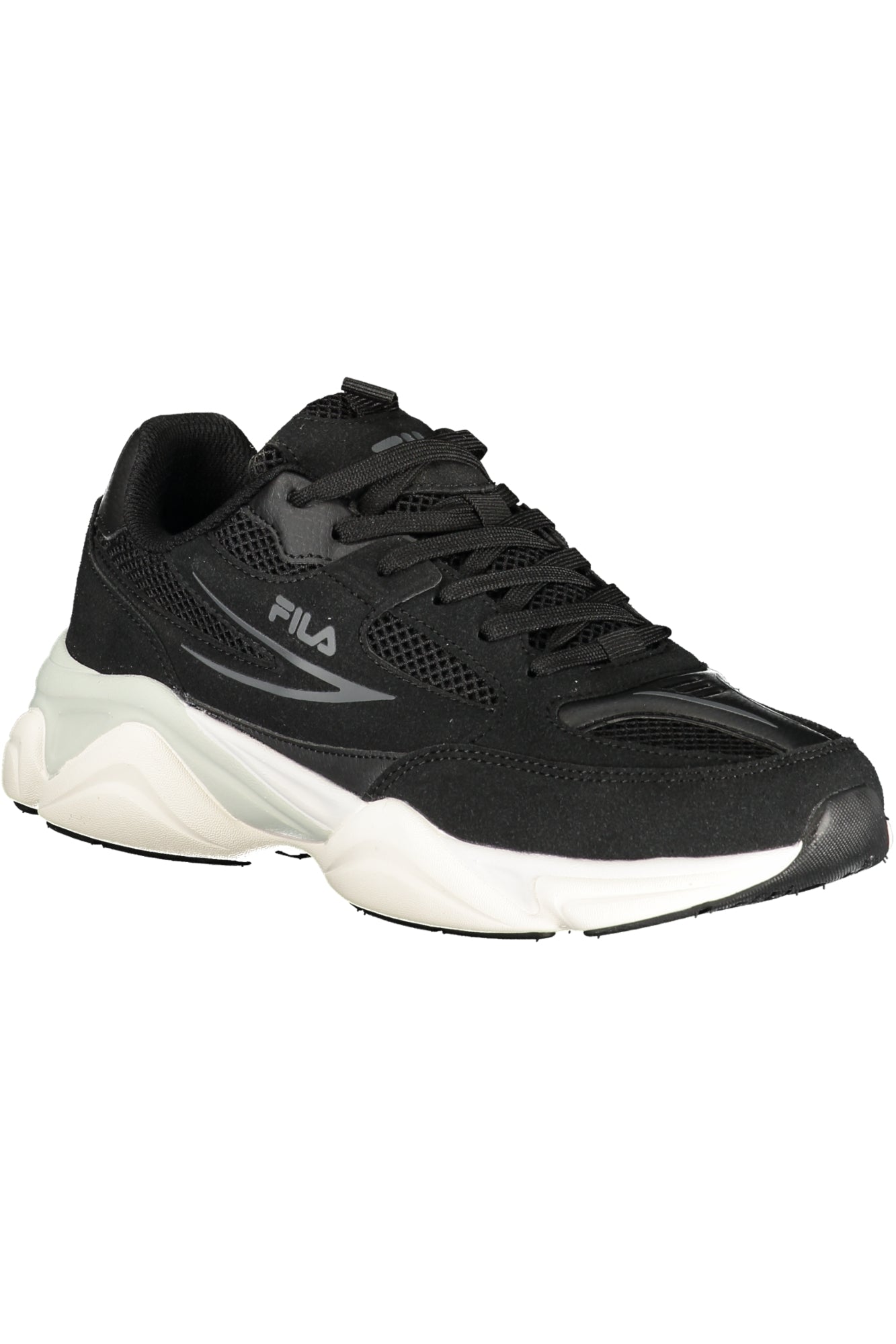 FILA men's black sports sneakers showing a sleek design with laces and cushioned soles for athletic performance.