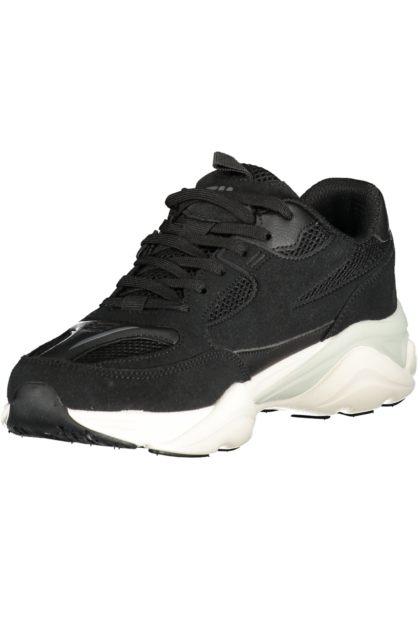 FILA men's black sports sneakers shown from side angle, featuring breathable mesh and cushioned sole for athletic comfort.